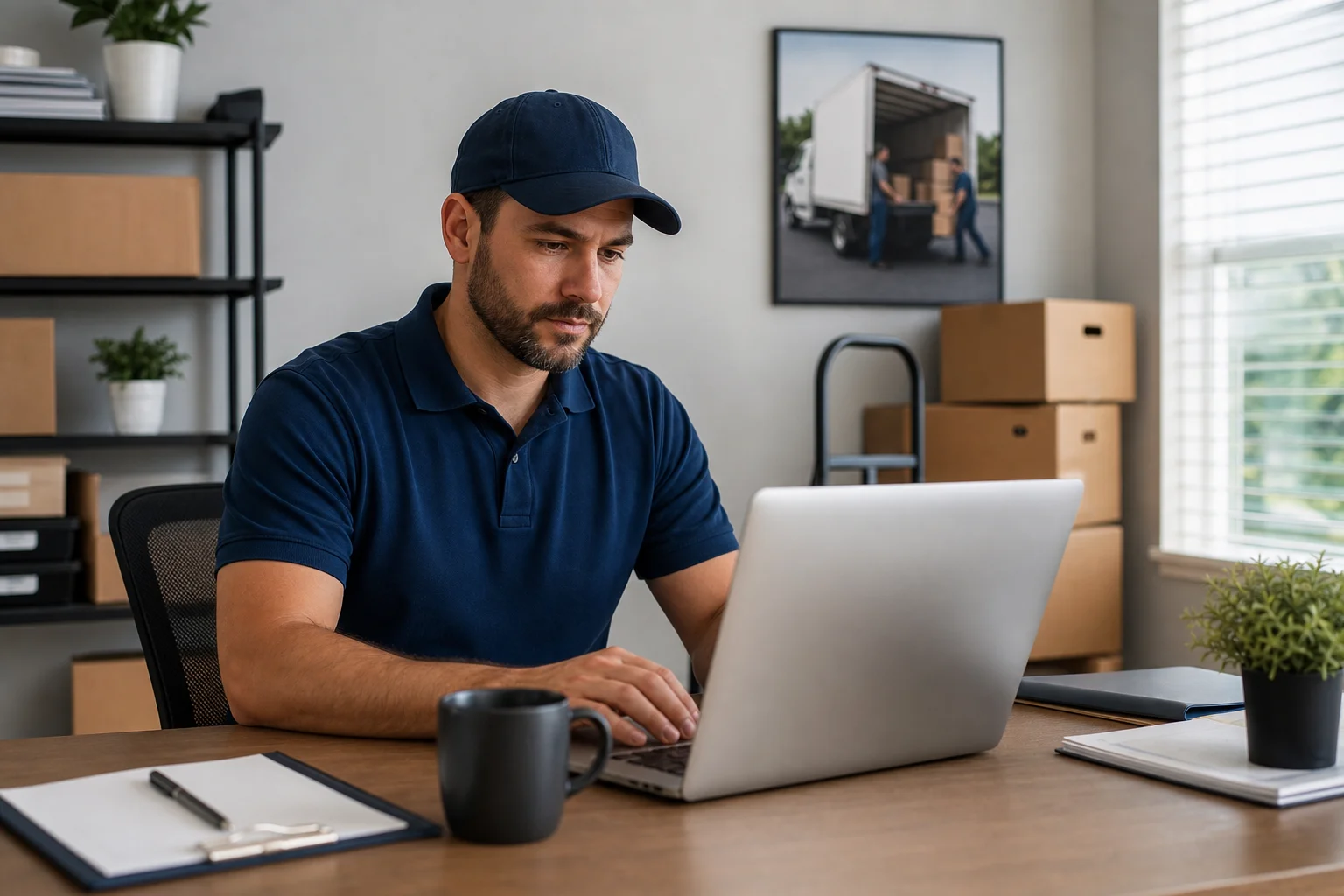 A moving company owner reviewing lead generation analytics on a laptop at a clean office desk