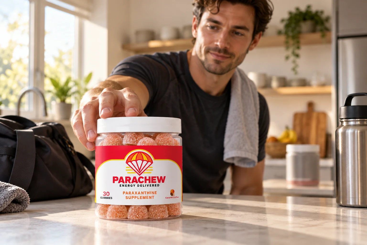 Entrepreneur reaching for a Parachew jar at sunrise while comparing MTE vs Parachew energy options
