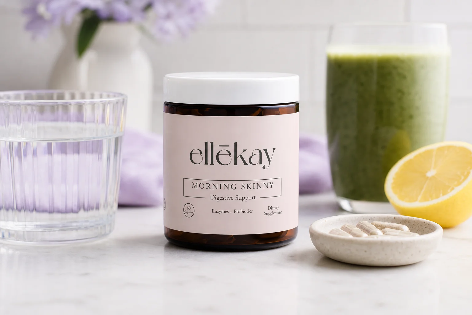 Multi-enzyme vs single-enzyme supplement bottle on a bright morning kitchen counter with water and fresh ingredients