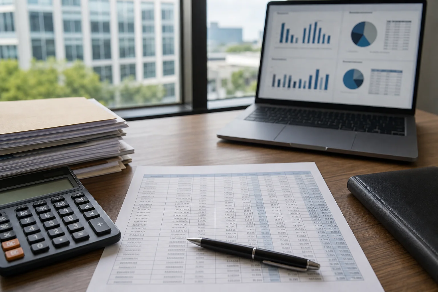 Financial documents and calculator representing net operating income and cap rate calculations for a multifamily underwriting model