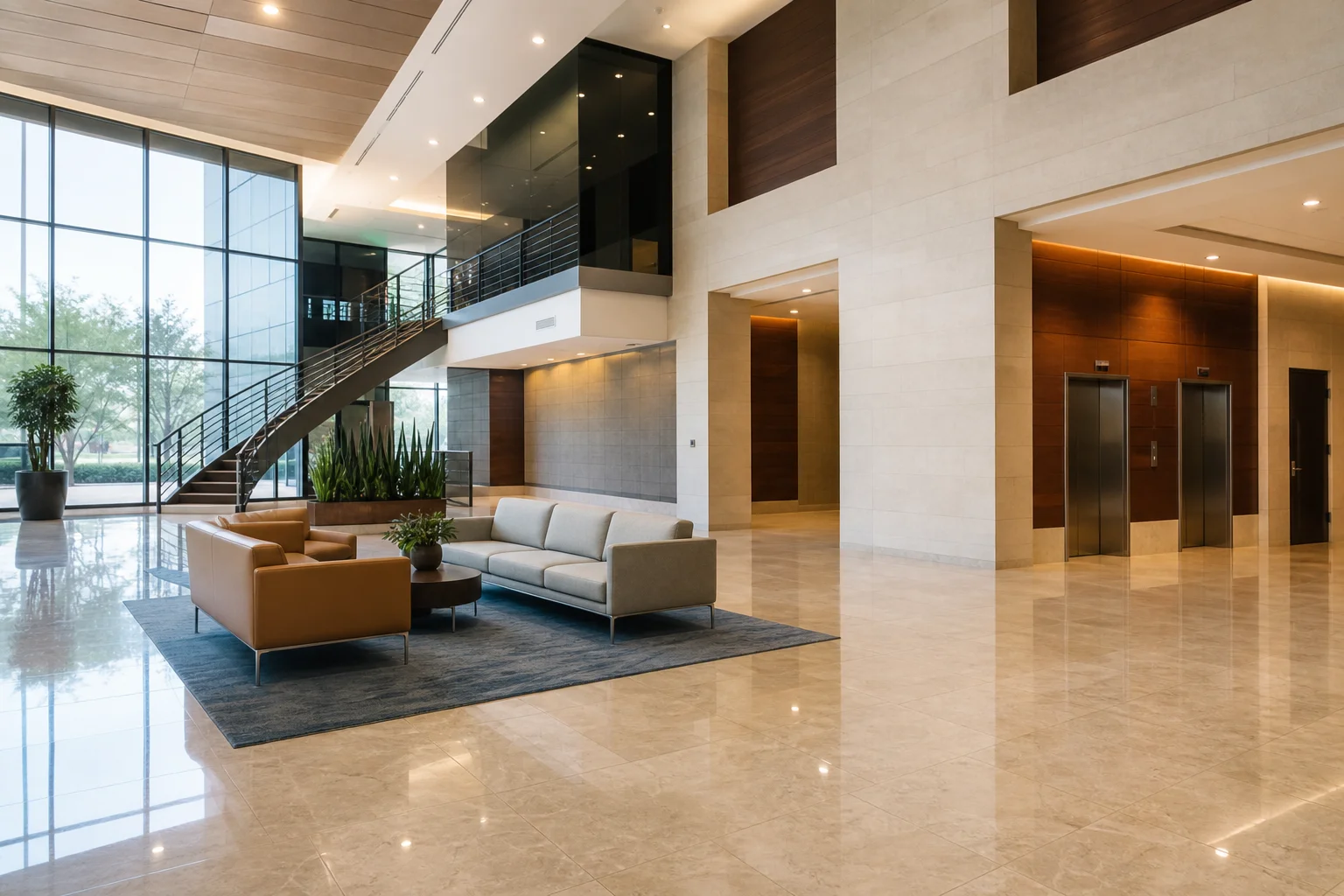 Commercial office building lobby in Mesa Arizona showing common area maintenance spaces shared by tenants under a net lease or modified gross lease