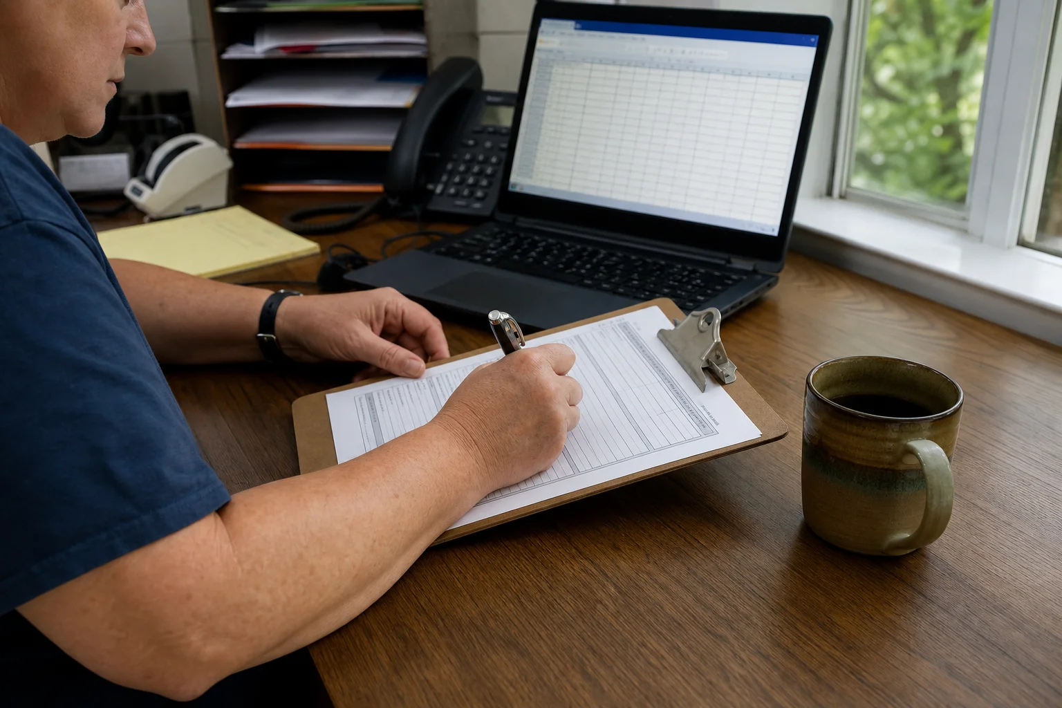 Plumbing dispatcher tracking service calls and job costs on a clipboard and laptop