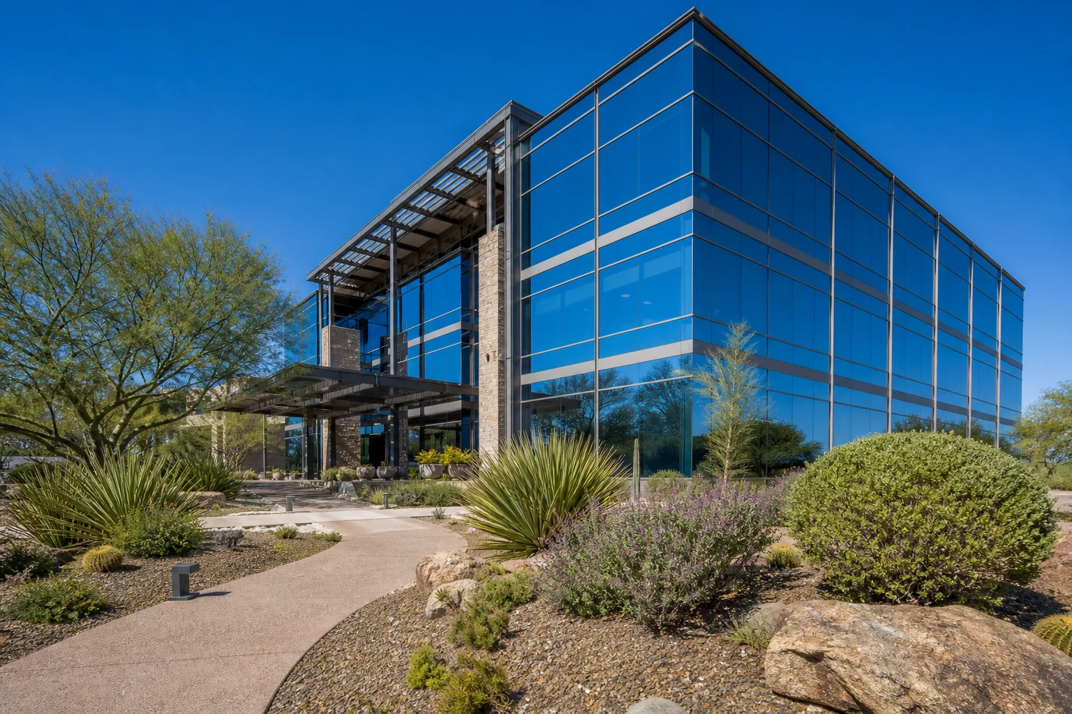Modern Class A office building exterior in Scottsdale representing office space for lease in Scottsdale and Tempe