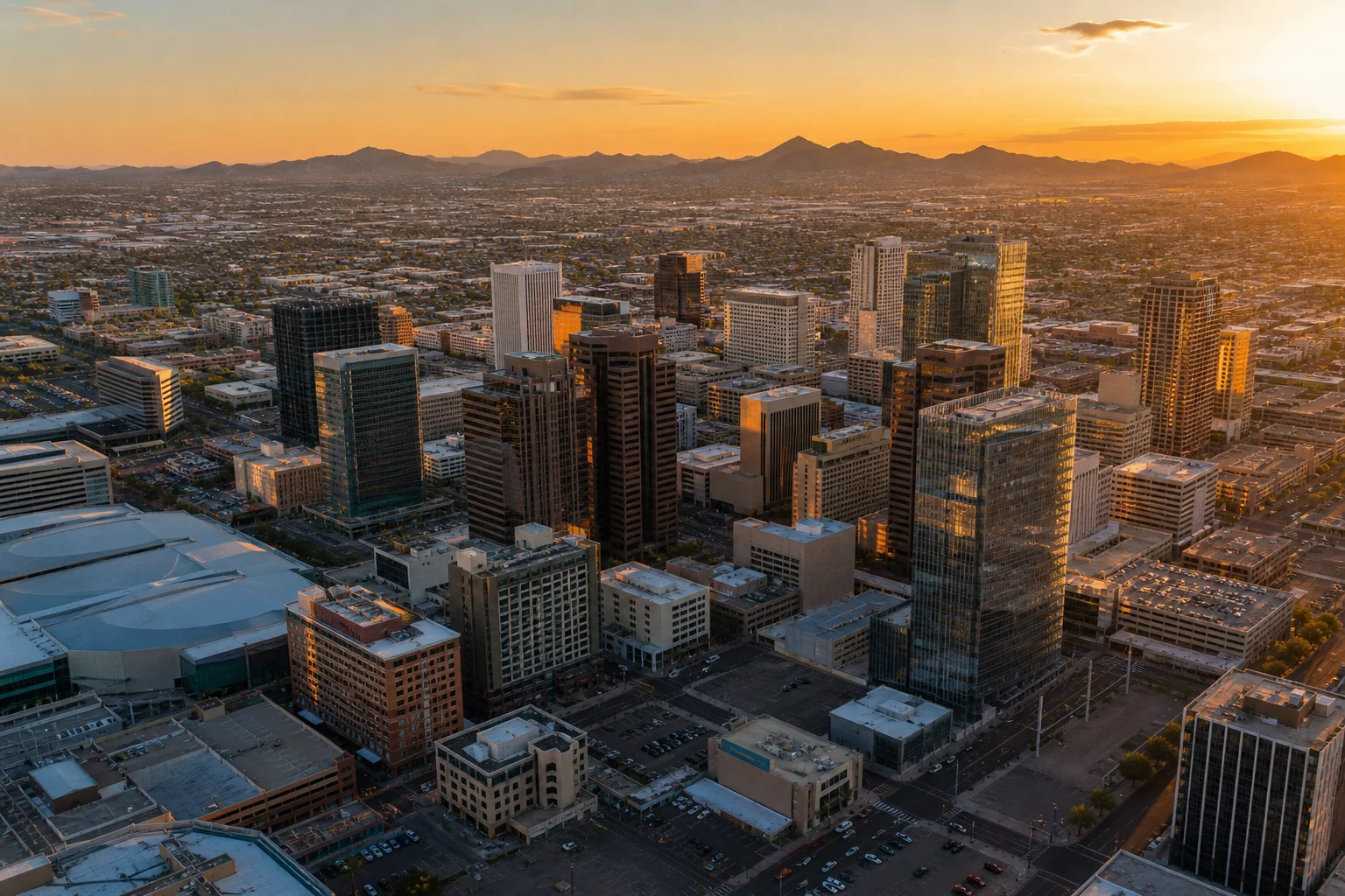 Aerial view of downtown Phoenix office district illustrating the office to residential conversion in downtown Phoenix opportunity