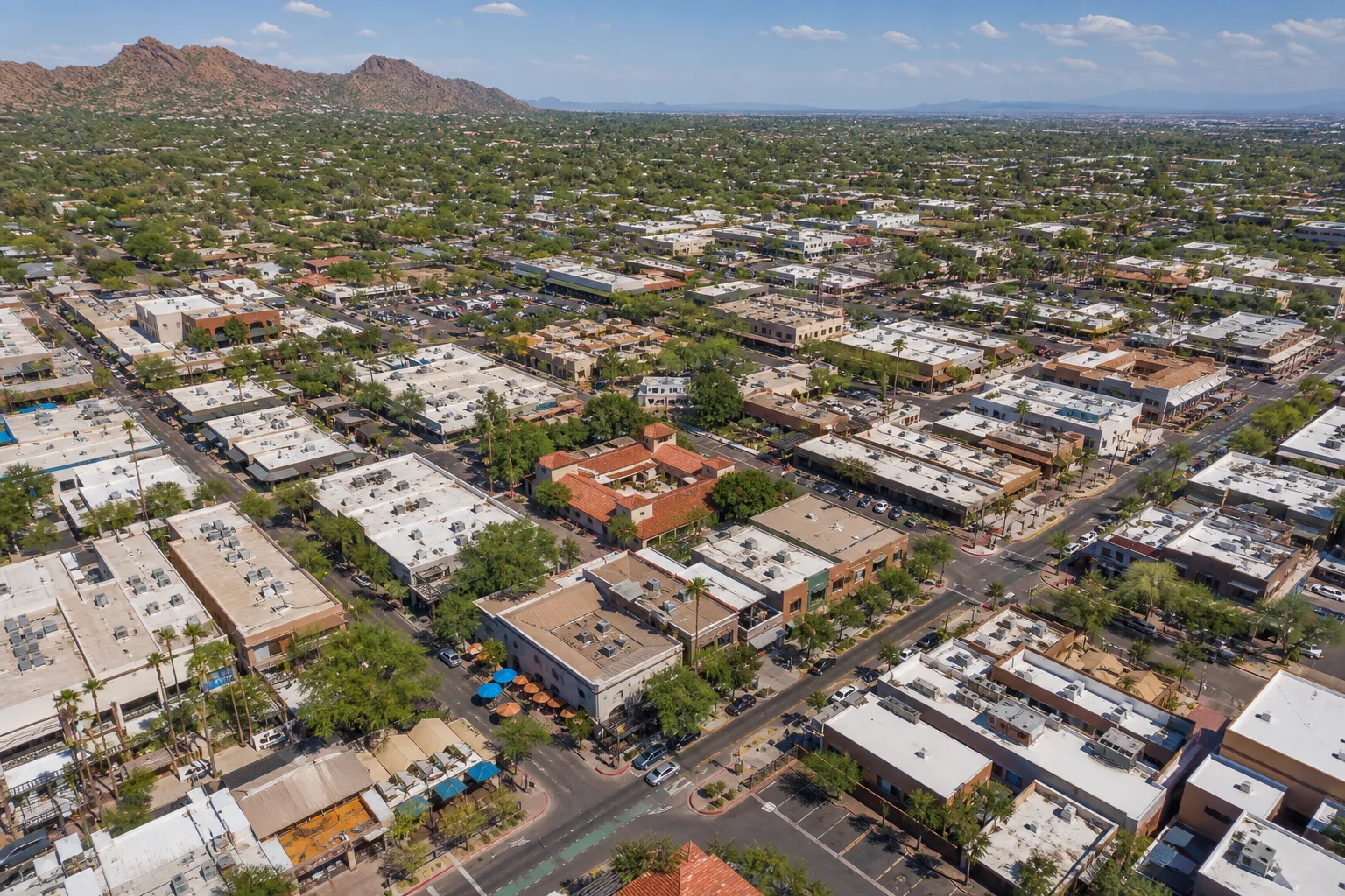 Aerial view of Old Town Scottsdale streets showing art galleries, pedestrian walkways, and the downtown Arizona district