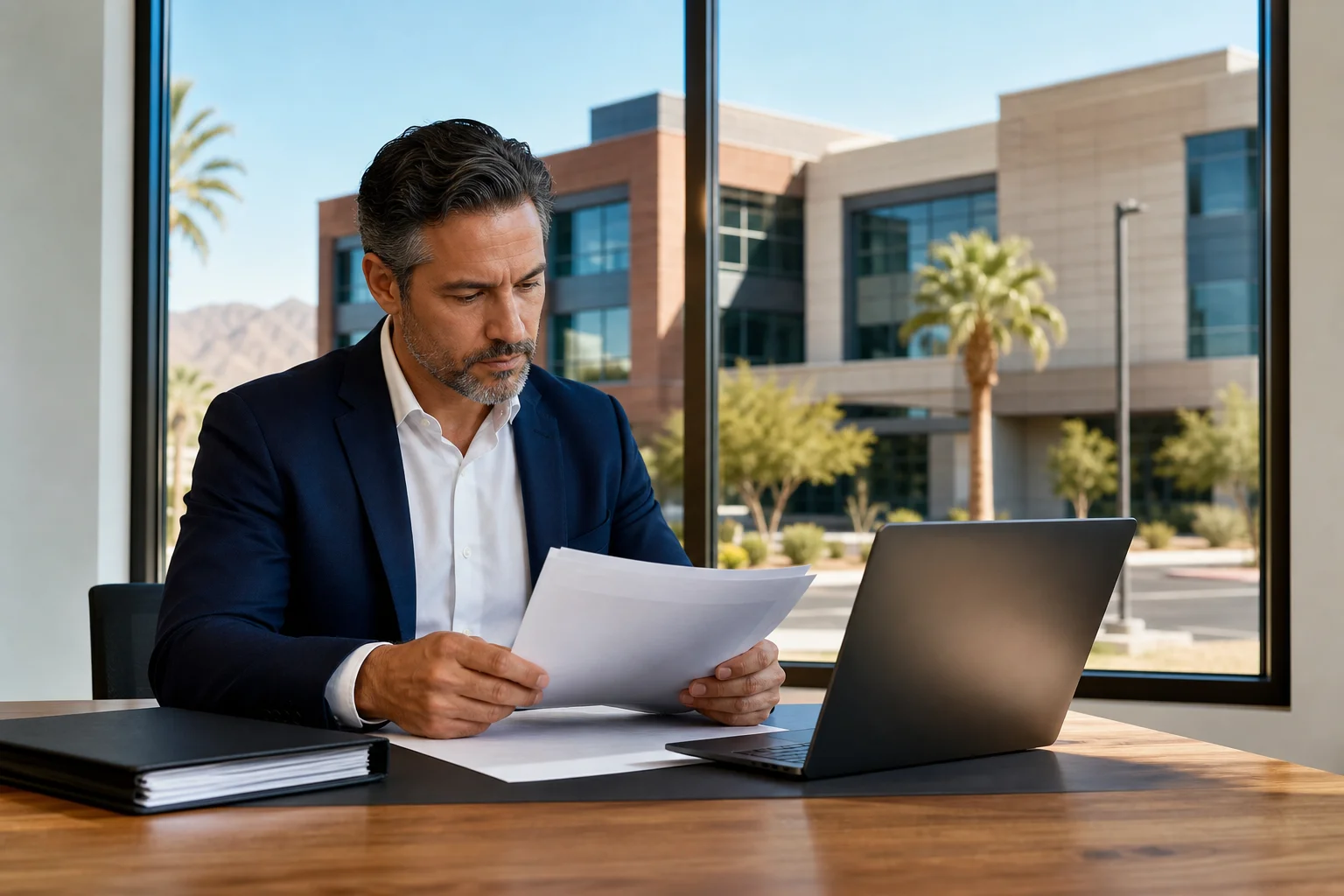 Business owner reviewing the owner-user loan file at a desk with a Phoenix commercial building visible through the window