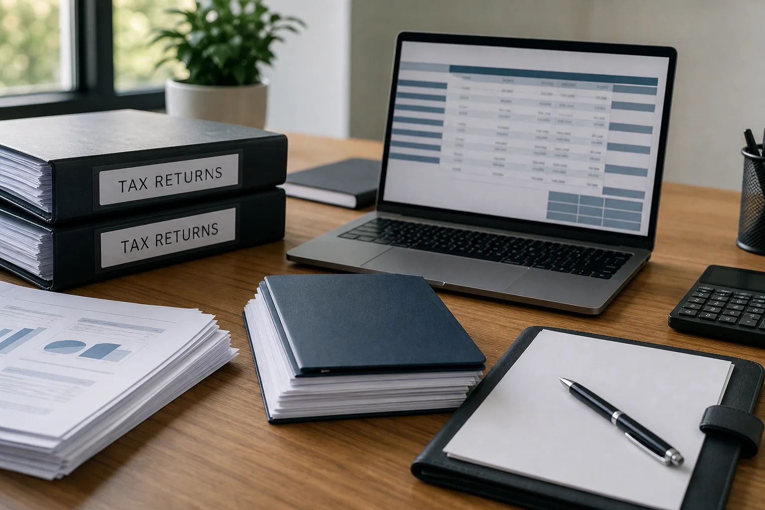 Business owner organizing tax returns and financial statements for an owner-user commercial real estate loan file
