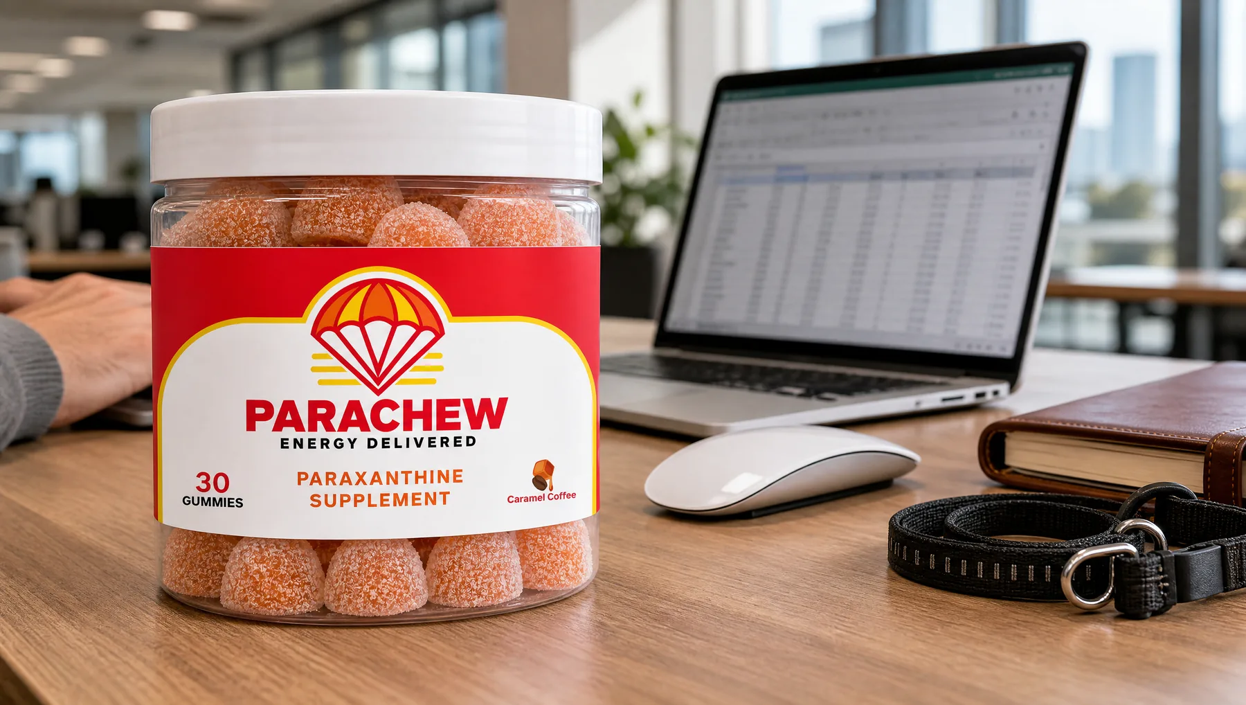 Parachew Caramel Coffee paraxanthine gummies jar in the foreground of an office desk in mid-morning