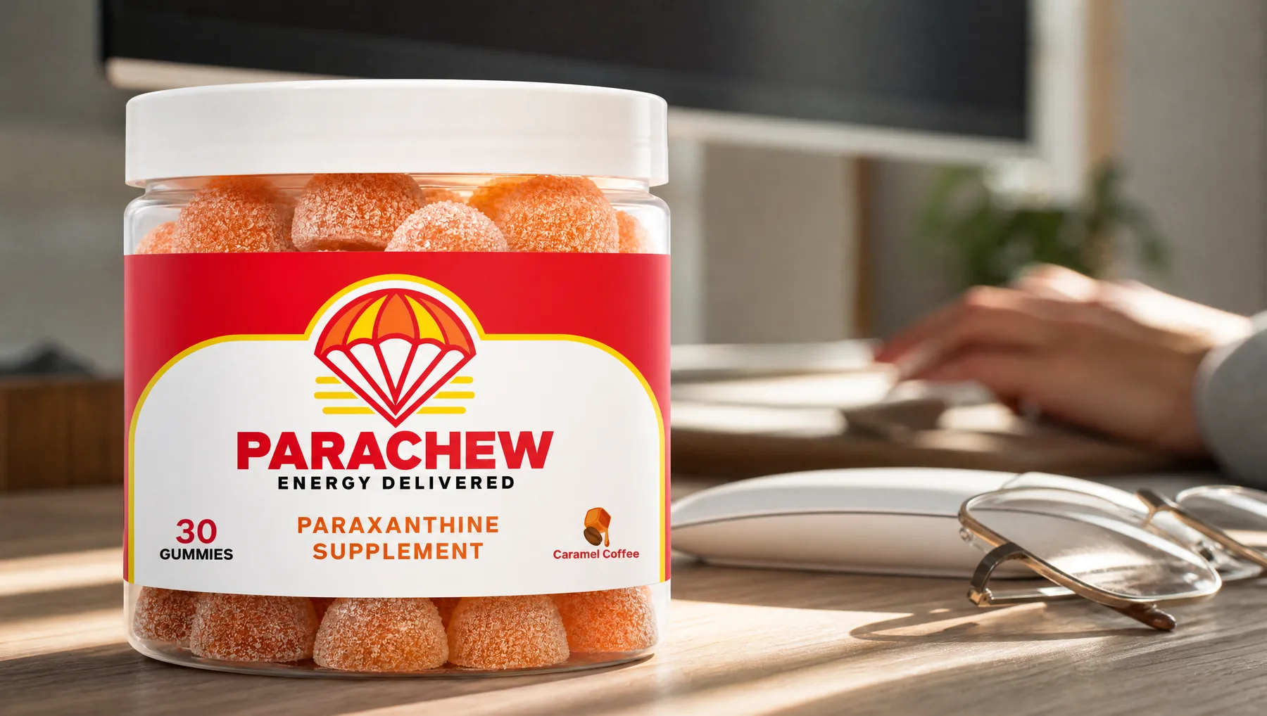 Close view of a Parachew Caramel Coffee paraxanthine gummies jar, a close side view along the desk surface