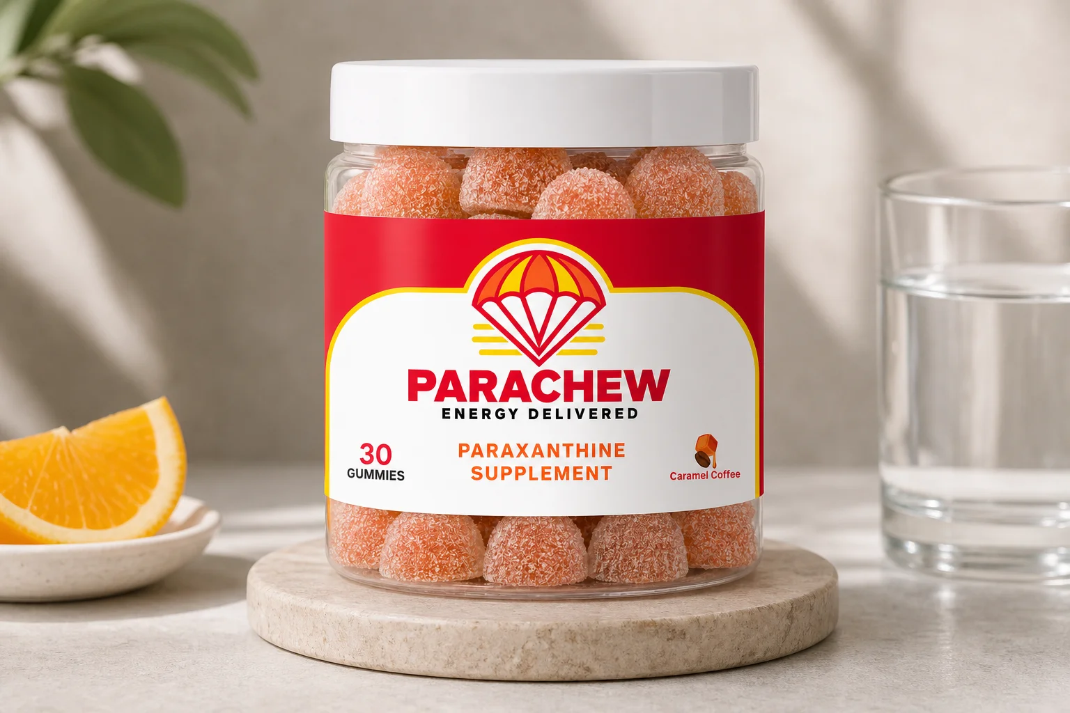 Parachew paraxanthine gummies on a modern desk setup representing the solution to paraxanthine for the 3pm crash