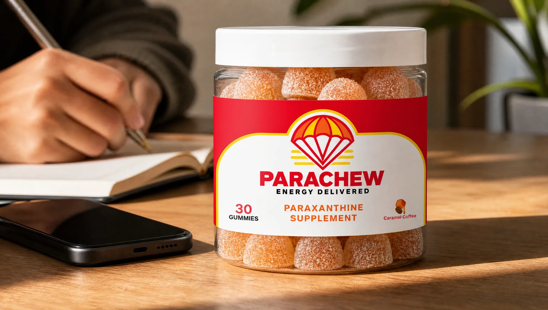 Close view of a Parachew Caramel Coffee paraxanthine gummies jar, a tight low crop of the office desk