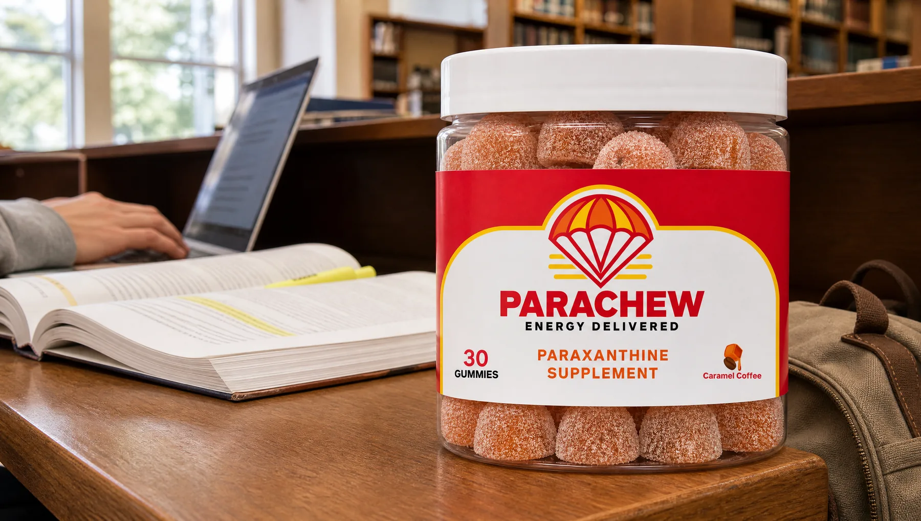 Parachew Caramel Coffee paraxanthine gummies jar in the foreground of a university library study carrel in the afternoon