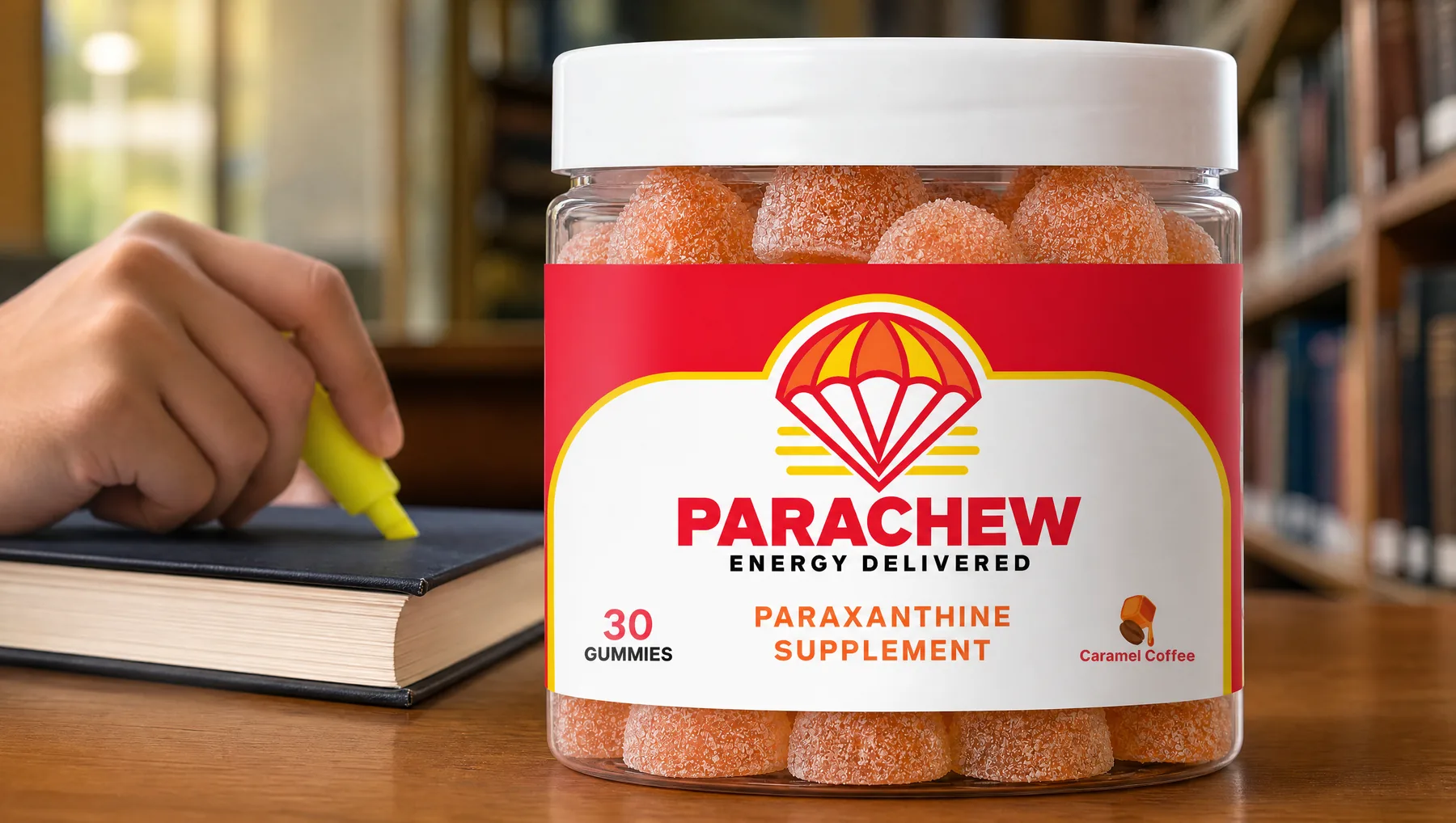 Close view of a Parachew Caramel Coffee paraxanthine gummies jar, a tight crop at carrel-desk level
