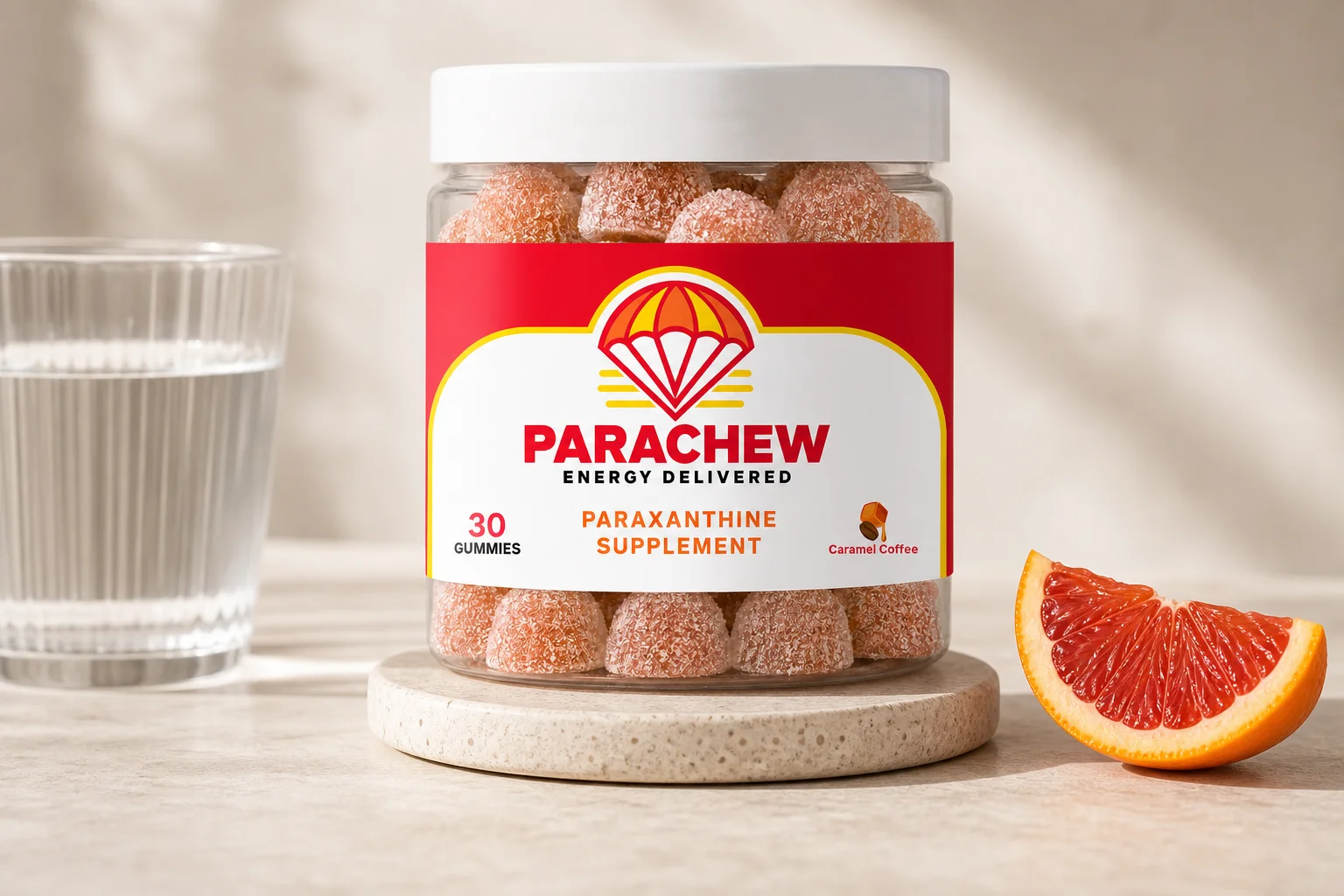 Parachew paraxanthine plus alpha-GPC gummy container on a gym bag with athletic accessories, lifestyle product photography for the performance stack