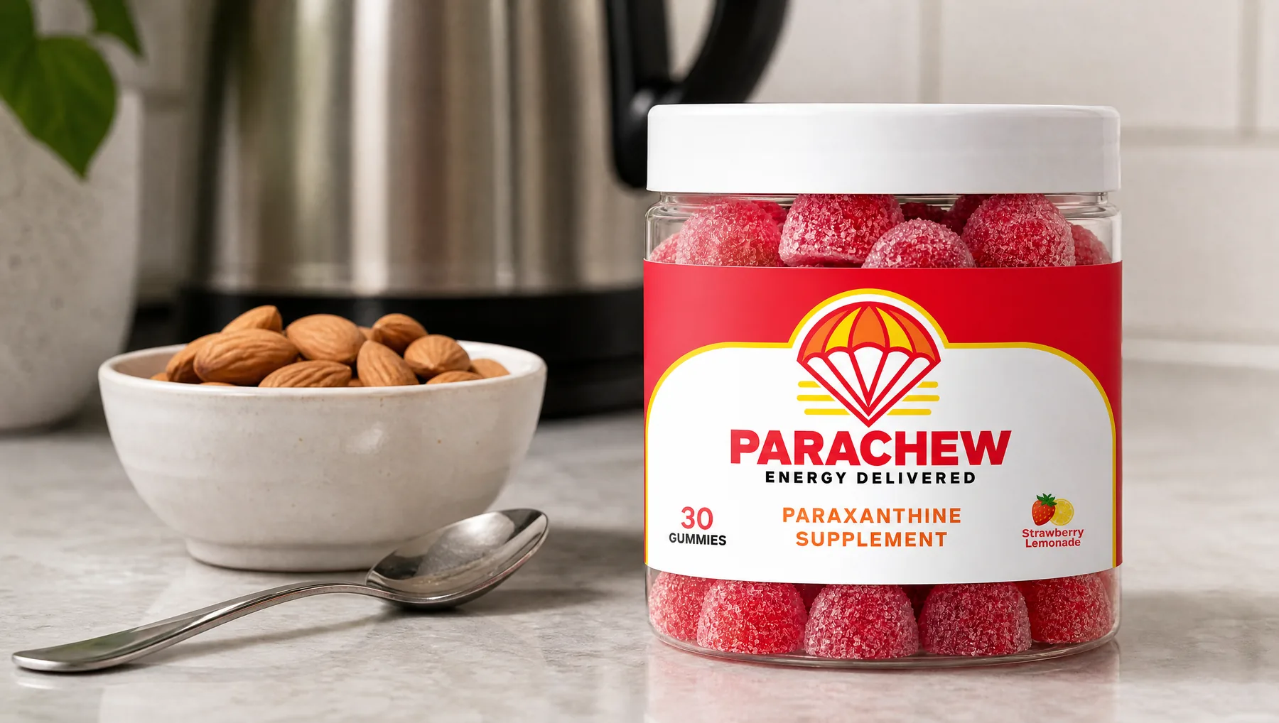 Close view of a Parachew Strawberry Lemonade paraxanthine gummies jar, a tight crop of the counter