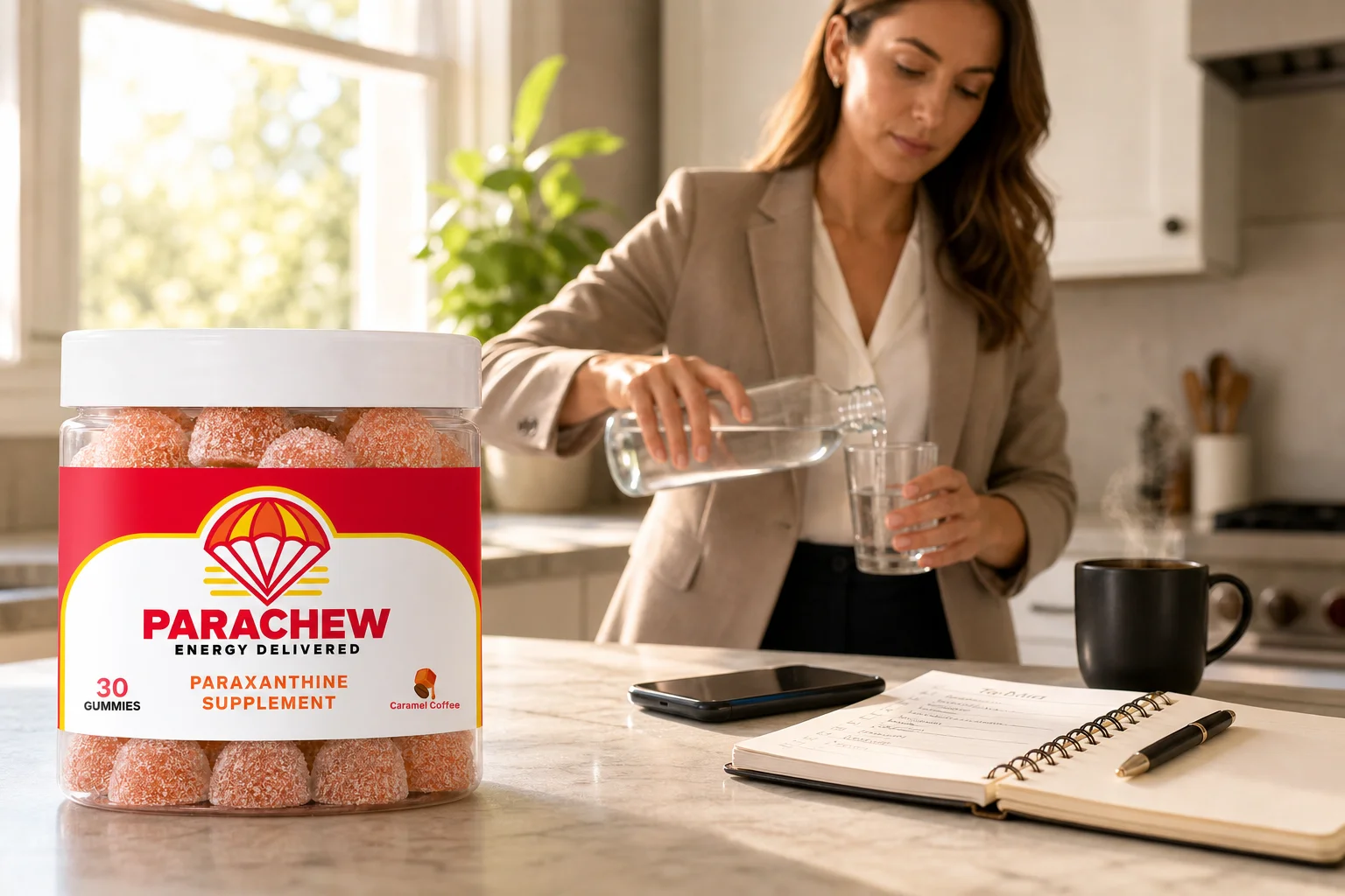 Woman in a morning kitchen reaching for a Parachew jar while considering paraxanthine and SSRIs before her workday