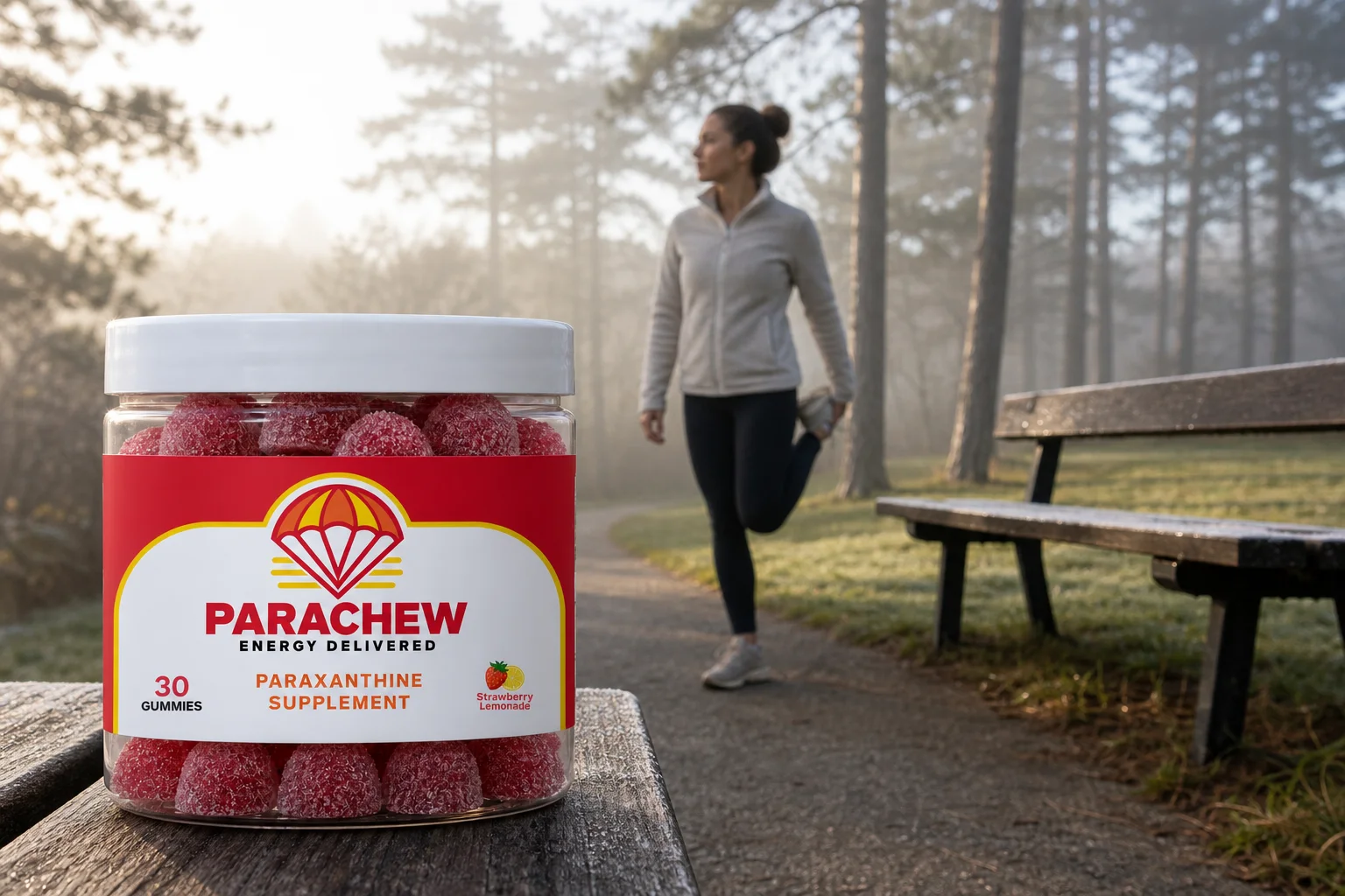 Parachew paraxanthine gummies jar in a real setting: a foggy park path at early morning, illustrating Paraxanthine and Anxiety Disorders: What CYP1A2 Slow Metabolizers Should Know