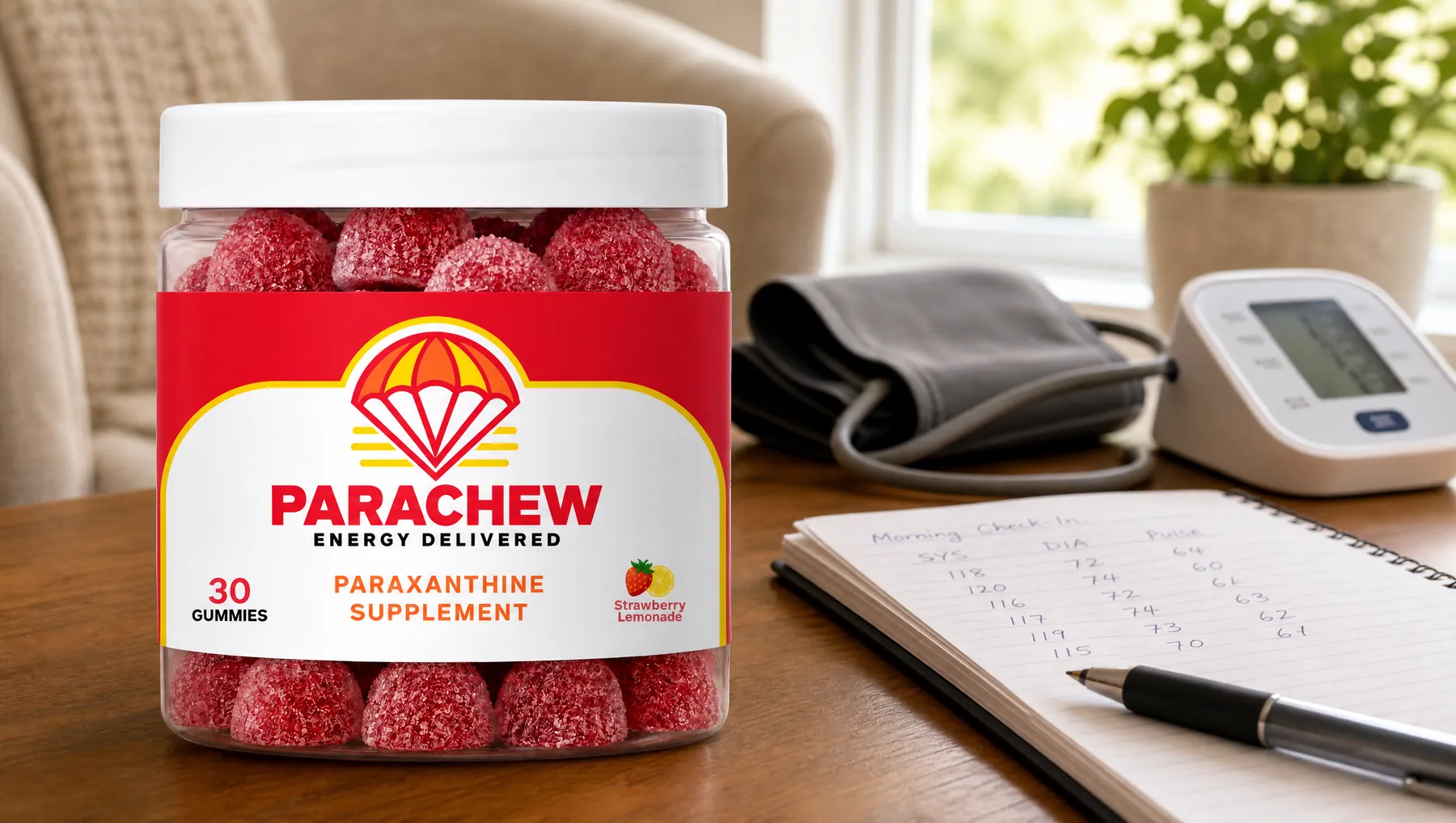 Parachew Strawberry Lemonade paraxanthine gummies jar in the foreground of a home check-in corner in the morning