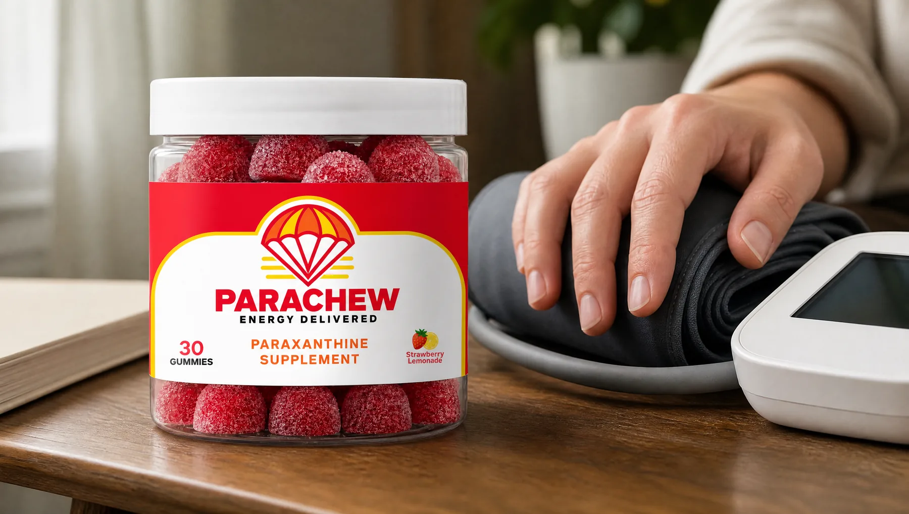 Close view of a Parachew Strawberry Lemonade paraxanthine gummies jar, a tight crop of the side table