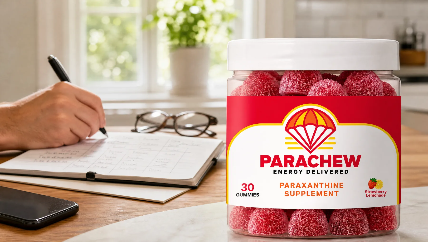 Parachew Strawberry Lemonade paraxanthine gummies jar in the foreground of a bright kitchen table set up for a side-by-side comparison