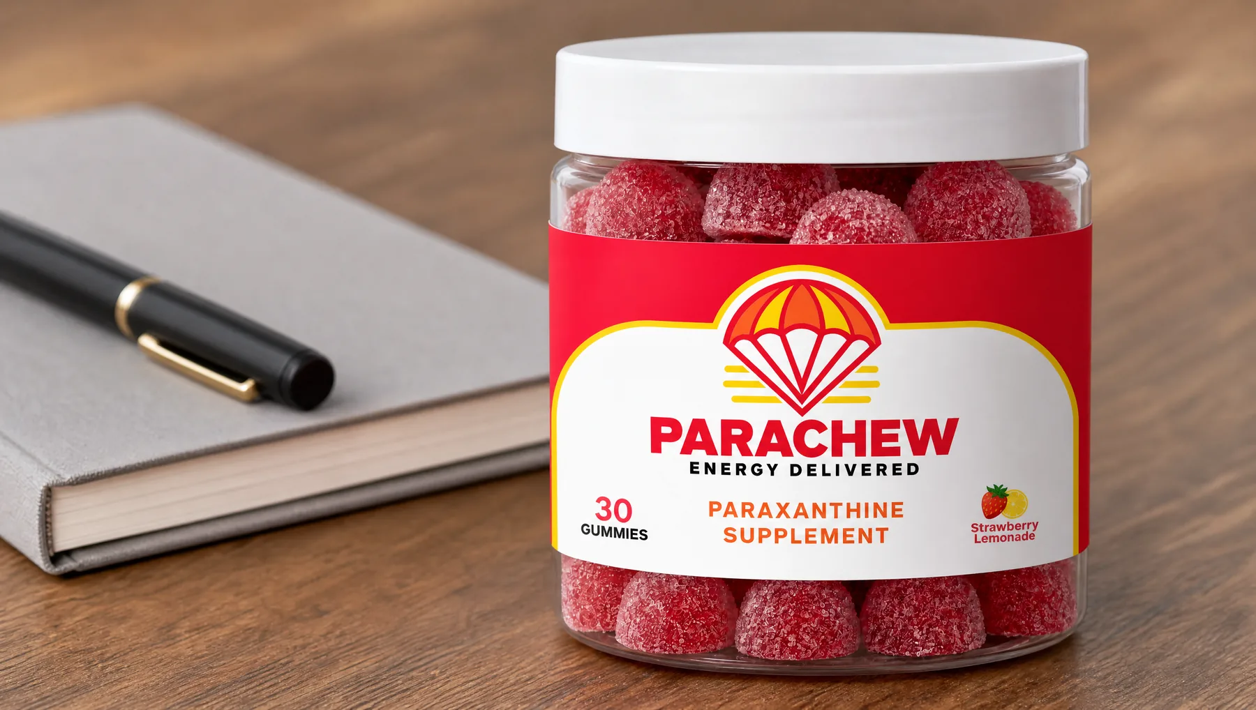 Close view of a Parachew Strawberry Lemonade paraxanthine gummies jar, a tight overhead crop of the table