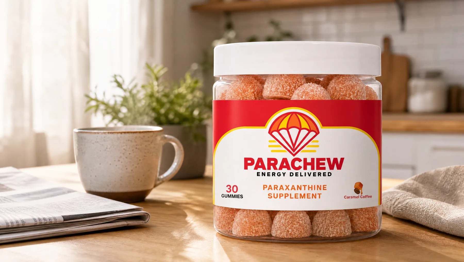 Parachew Caramel Coffee paraxanthine gummies jar in the foreground of a sunlit breakfast nook at eight in the morning