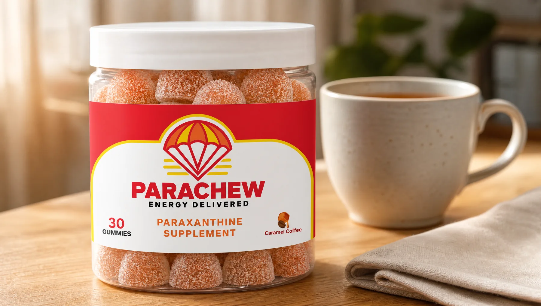 Close view of a Parachew Caramel Coffee paraxanthine gummies jar, a tight three-quarter crop of the table