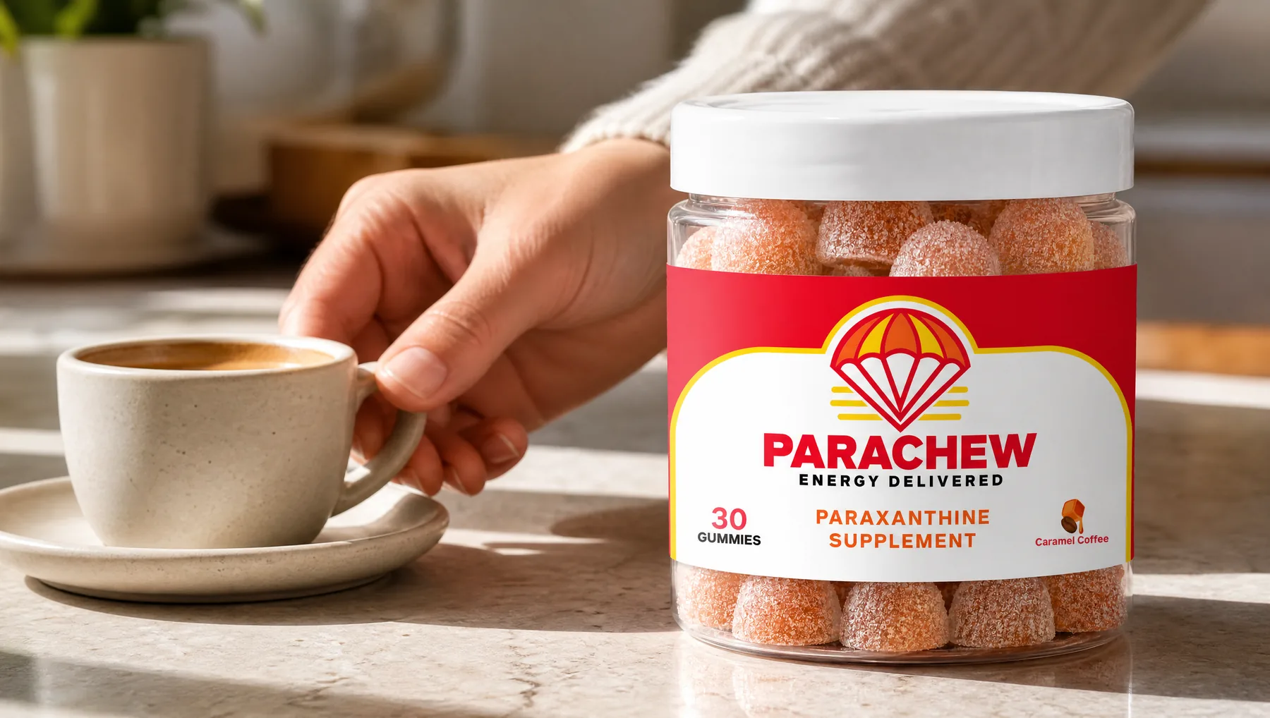 Close view of a Parachew Caramel Coffee paraxanthine gummies jar, a tight crop of the counter