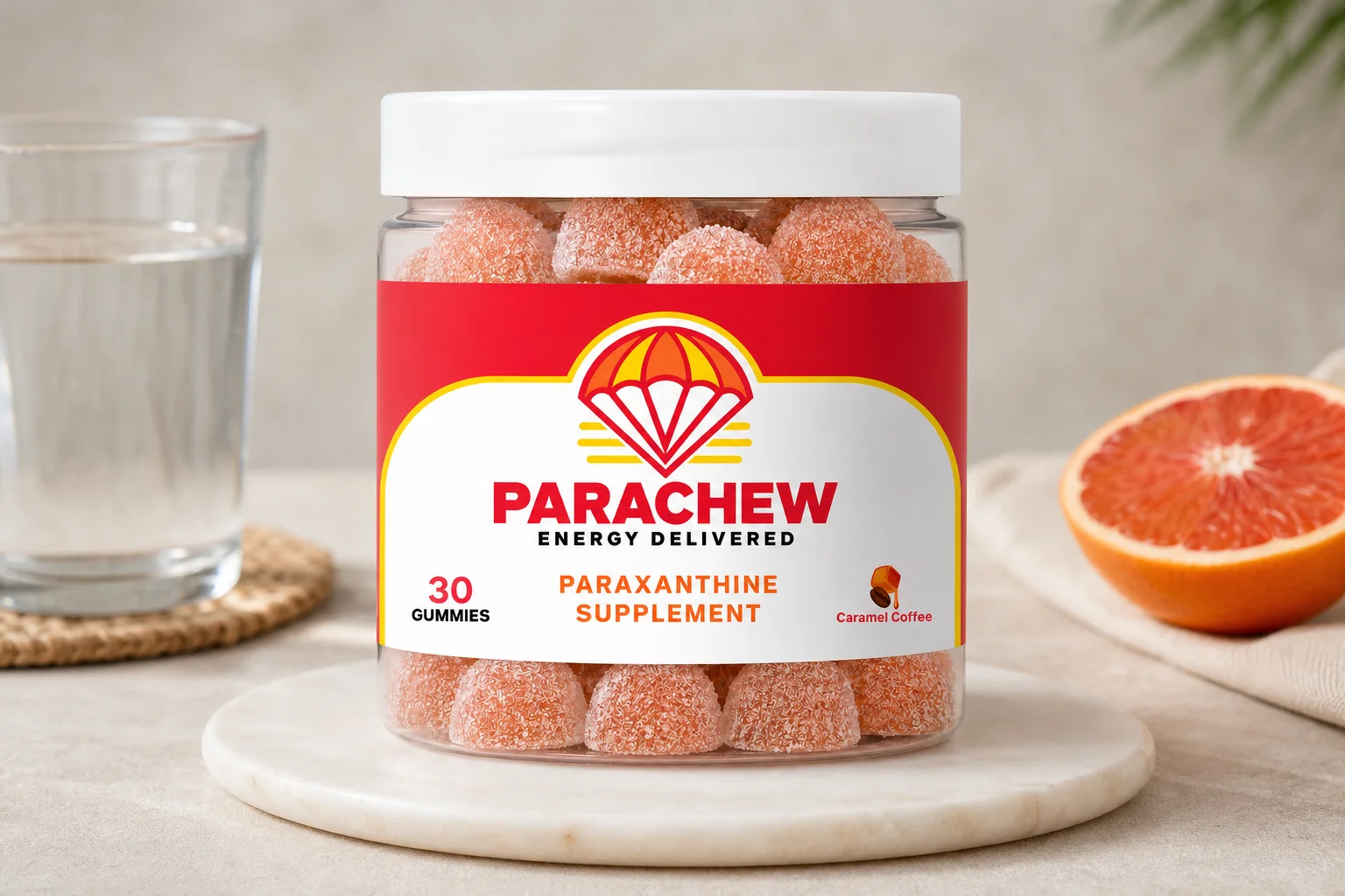 Parachew paraxanthine gummies next to creatine and gym gear on a locker room bench representing the paraxanthine and creatine pre-workout strength stack