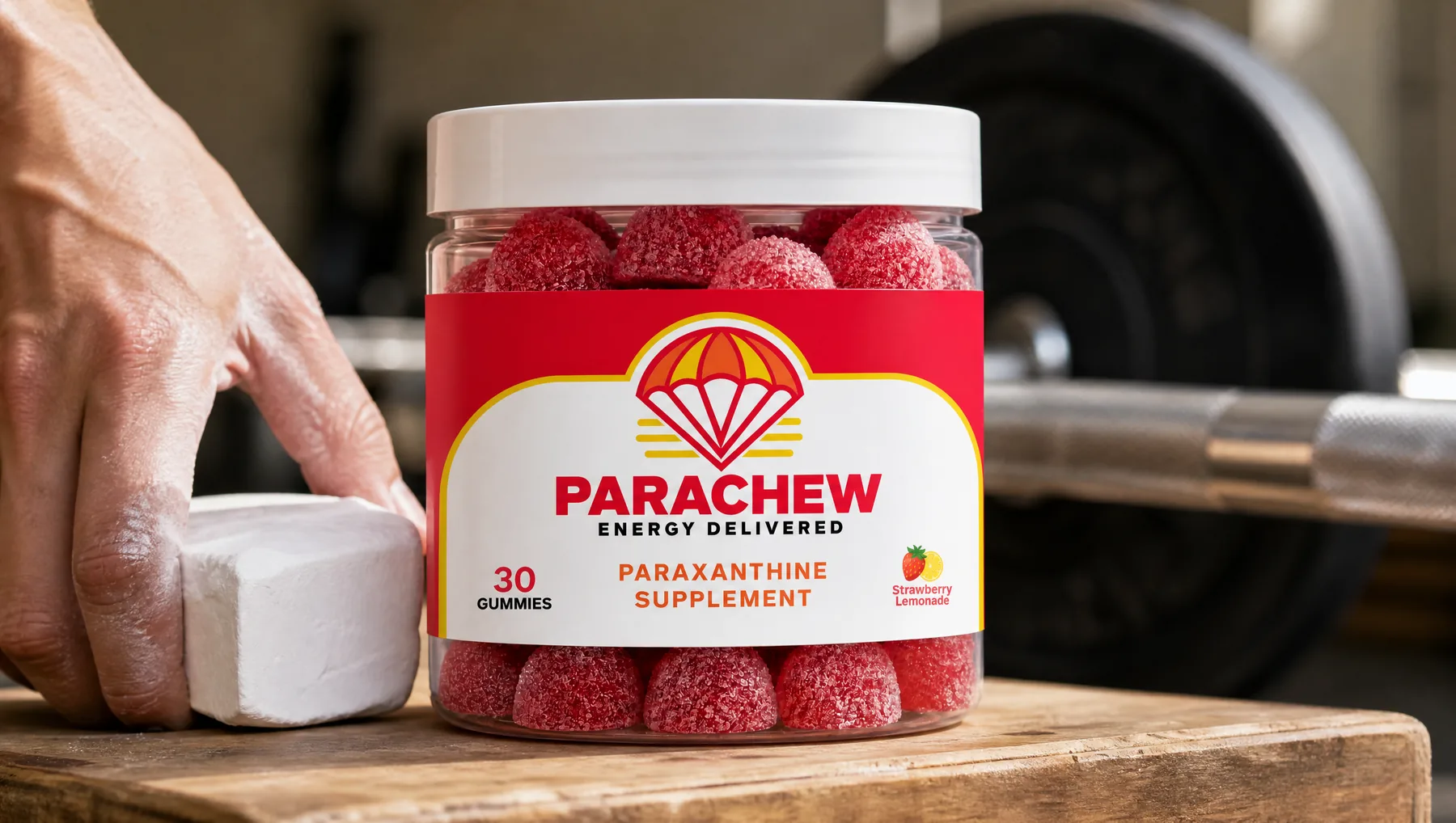 Close view of a Parachew Strawberry Lemonade paraxanthine gummies jar, a tight low crop at platform level
