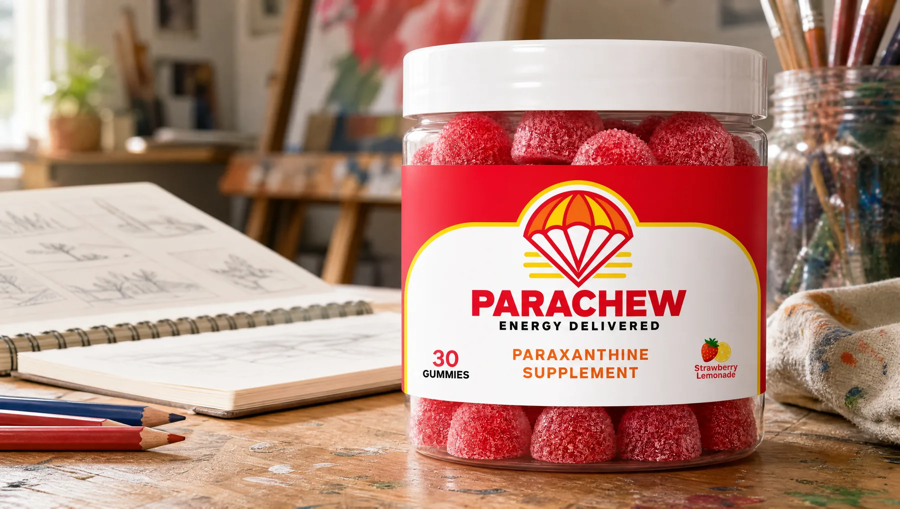 Parachew Strawberry Lemonade paraxanthine gummies jar in the foreground of an artist's studio table in afternoon light
