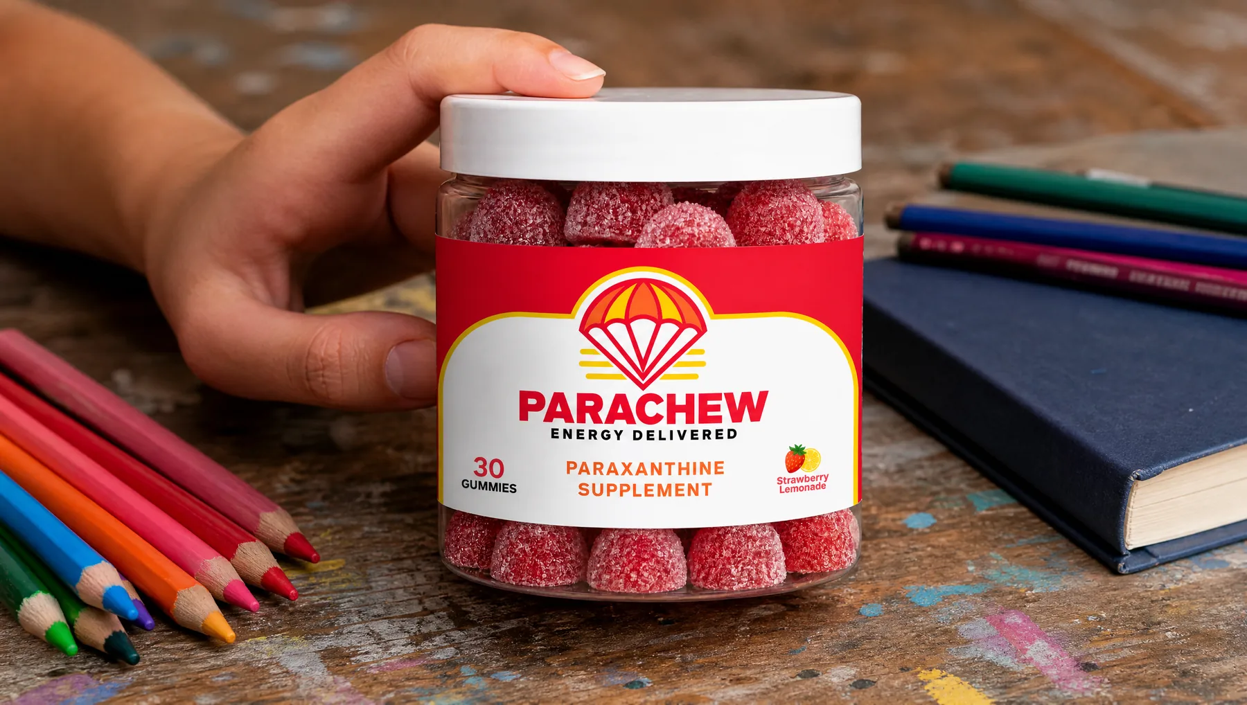 Close view of a Parachew Strawberry Lemonade paraxanthine gummies jar, a close overhead crop of the studio table