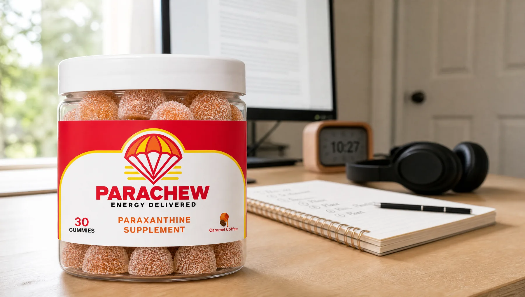 Parachew Caramel Coffee paraxanthine gummies jar in the foreground of a minimal home office set for a long focus block