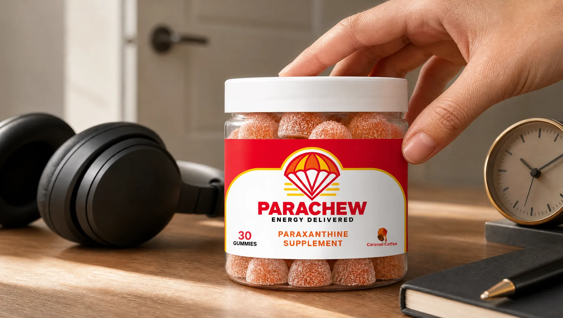 Close view of a Parachew Caramel Coffee paraxanthine gummies jar, a tight crop of the desk corner