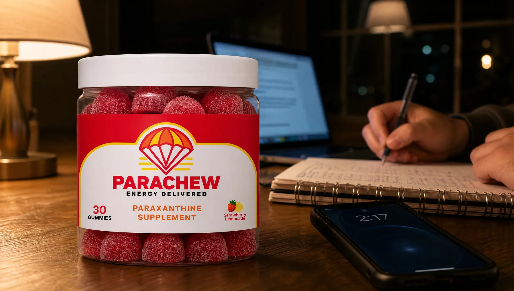Parachew Strawberry Lemonade paraxanthine gummies jar in the foreground of a kitchen table converted into a two-in-the-morning work station