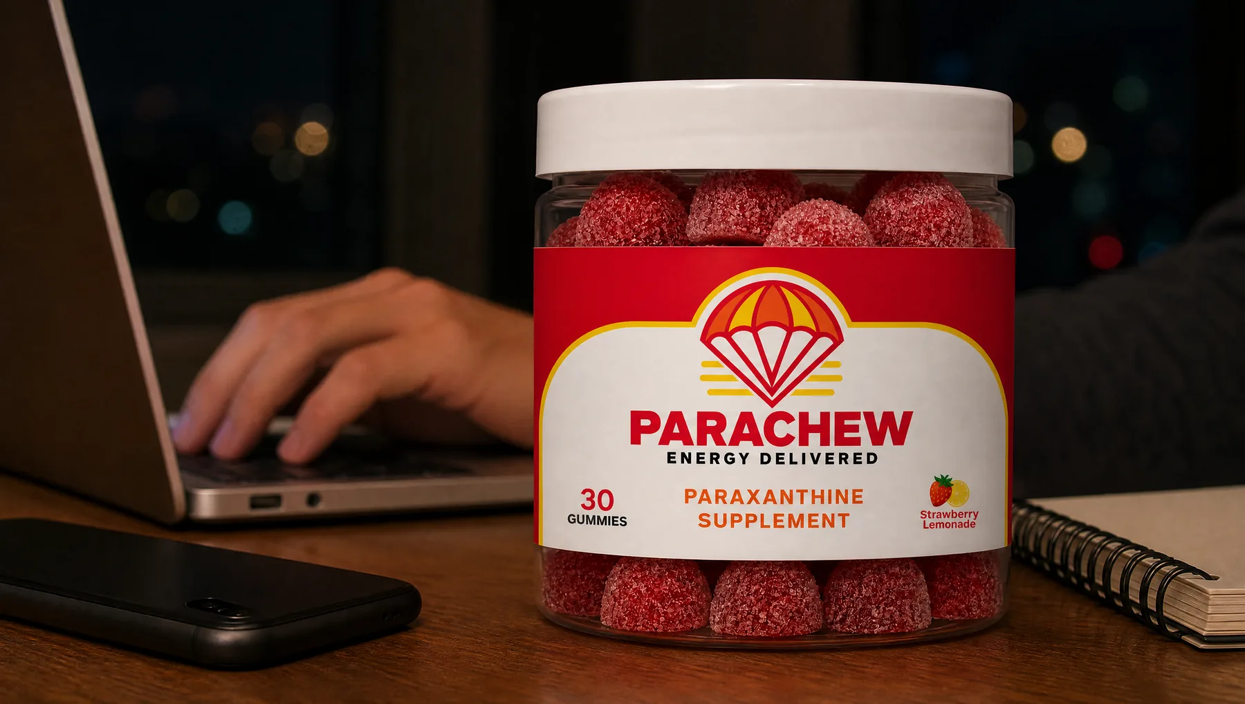 Close view of a Parachew Strawberry Lemonade paraxanthine gummies jar, a close low crop of the kitchen table