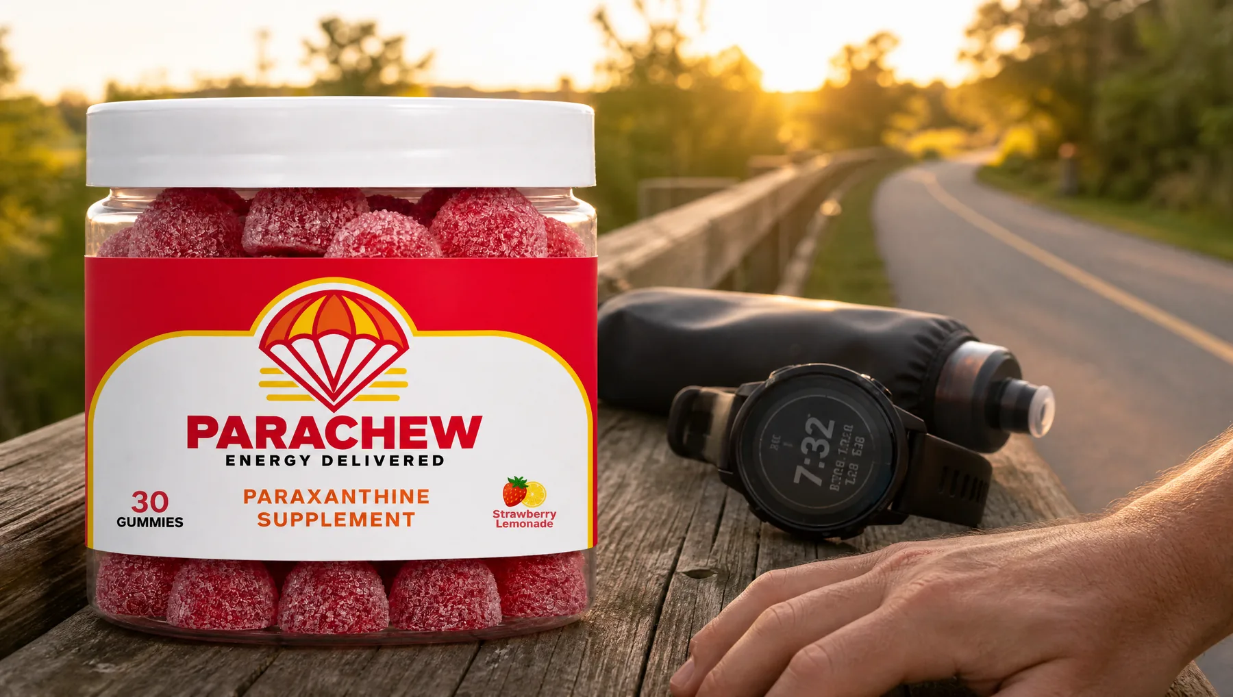 Parachew Strawberry Lemonade paraxanthine gummies jar in the foreground of a trail-side wooden rail at sunrise beside a paved park running
