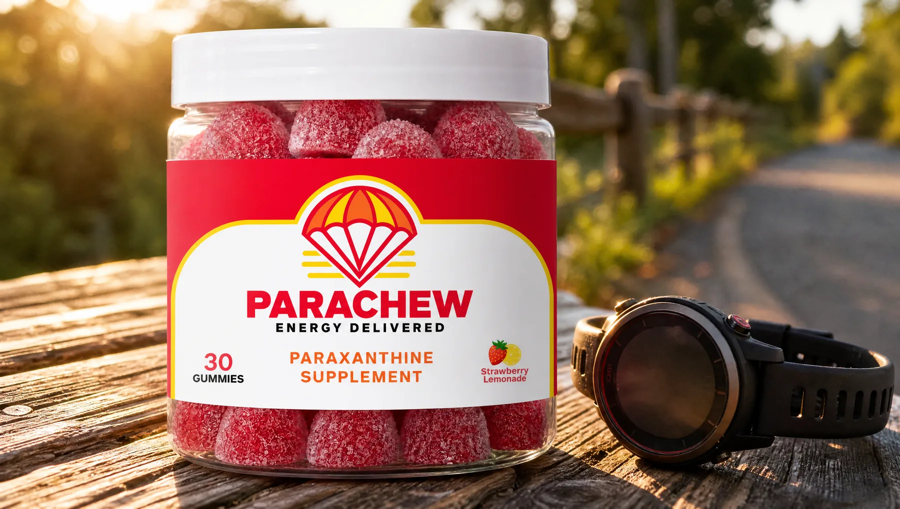 Close view of a Parachew Strawberry Lemonade paraxanthine gummies jar, a close low angle along the wooden rail