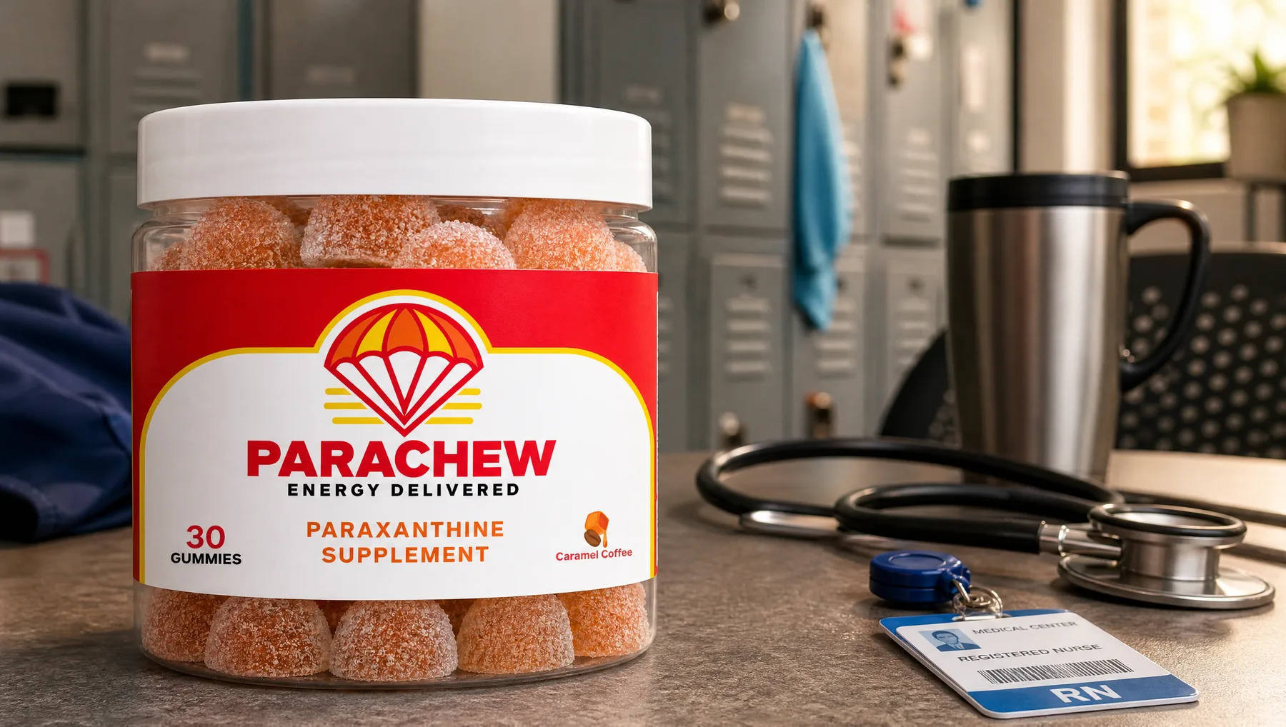 Parachew Caramel Coffee paraxanthine gummies jar in the foreground of a hospital staff break room at the start of a night shift