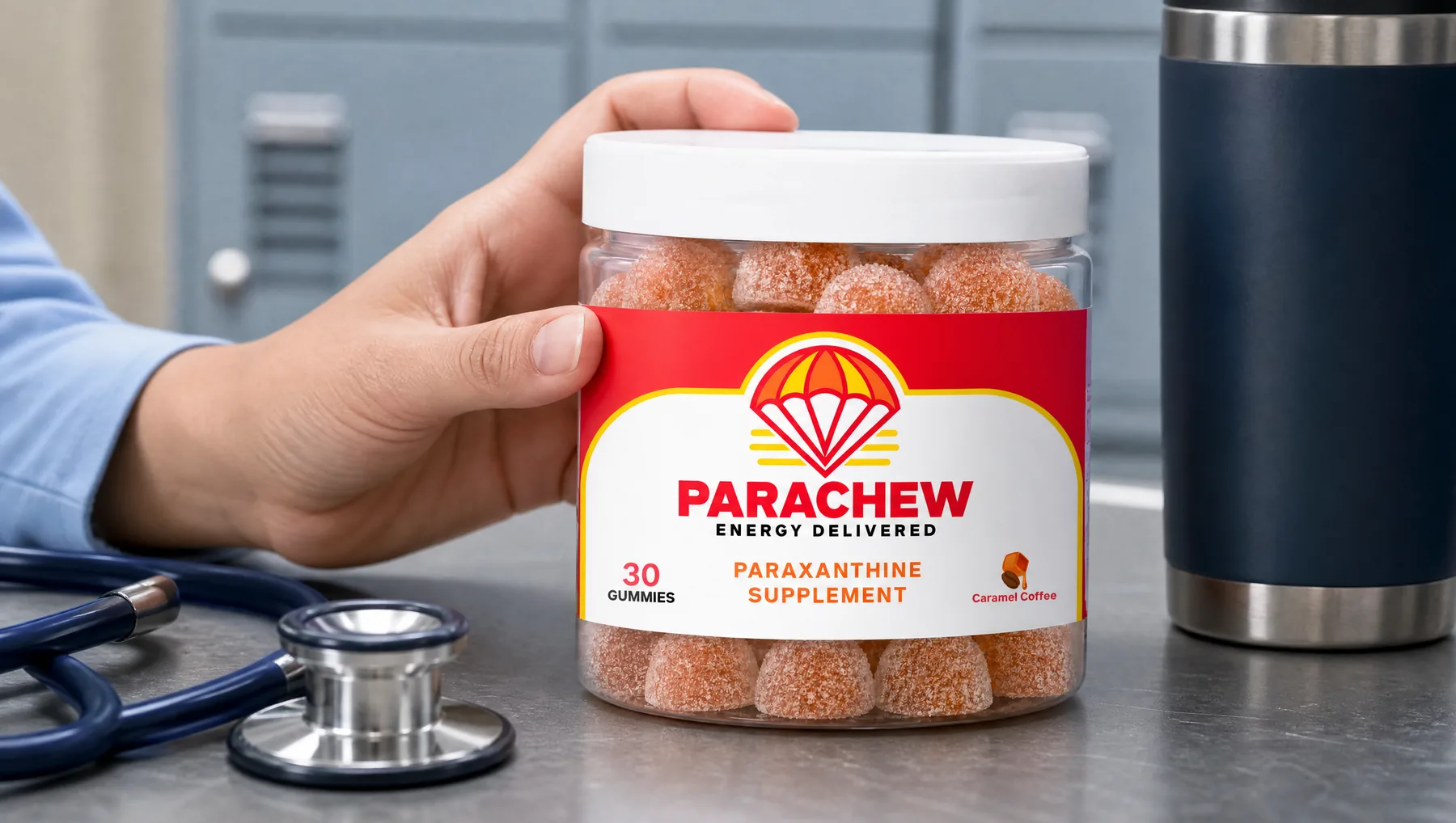 Close view of a Parachew Caramel Coffee paraxanthine gummies jar, a close crop at break-room table level