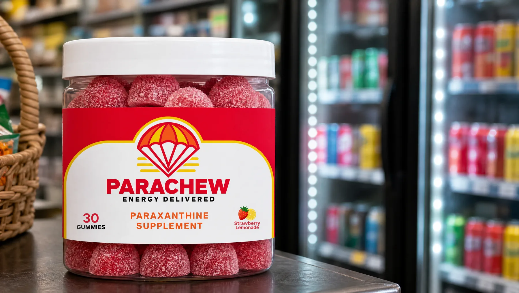 Parachew Strawberry Lemonade paraxanthine gummies jar in the foreground of a convenience-store cooler aisle shot at a shopper's eye level