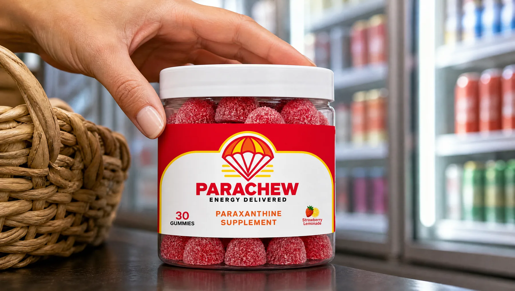 Close view of a Parachew Strawberry Lemonade paraxanthine gummies jar, a tight crop at the near edge of the cooler aisle