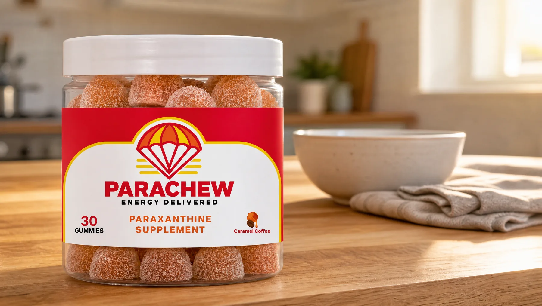 Parachew Caramel Coffee paraxanthine gummies jar in the foreground of a quiet home kitchen just after sunrise, before anyone has eaten