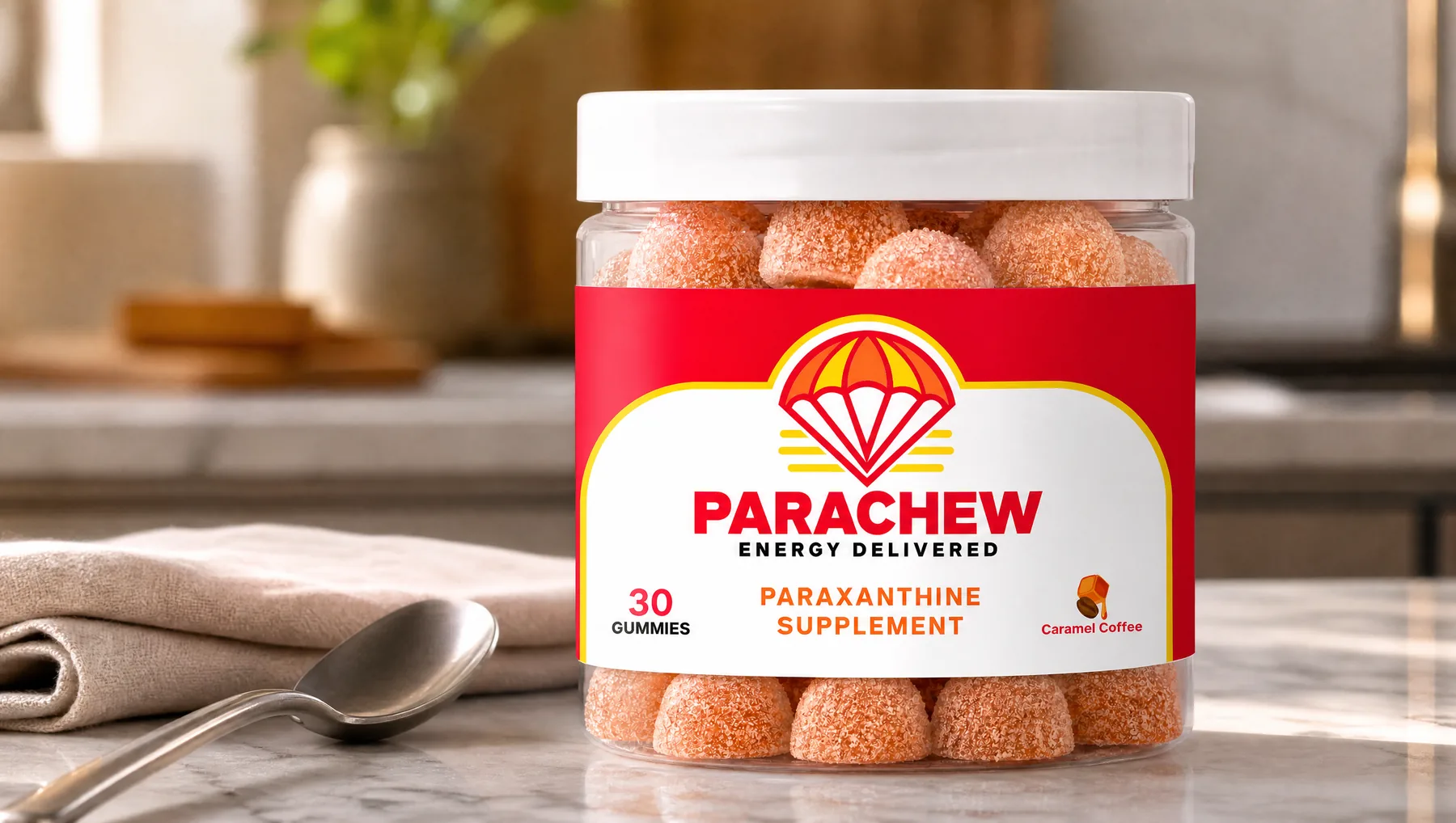 Close view of a Parachew Caramel Coffee paraxanthine gummies jar, the same kitchen a few minutes later, shot low at counter level