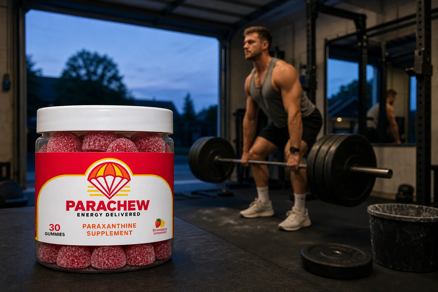 Parachew paraxanthine gummies jar in a real setting: a home garage gym before dawn, illustrating Paraxanthine Before a Fasted Workout: Does It Spike Cortisol Like Coffee?