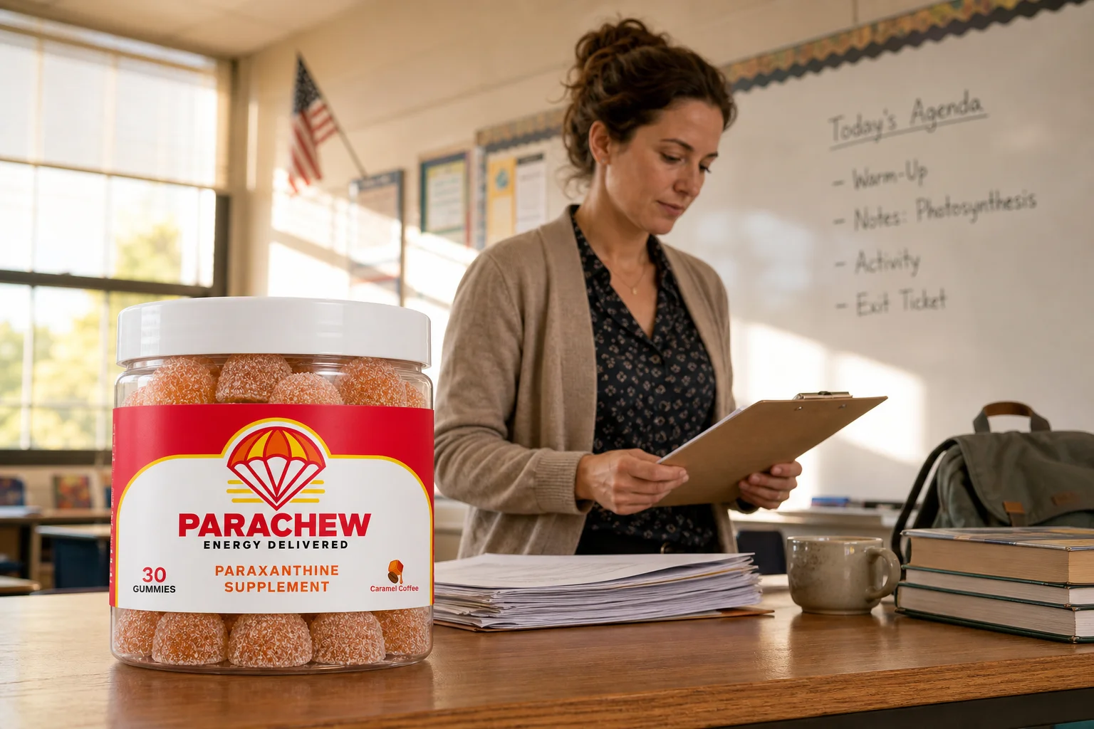 A teacher holding a Parachew jar at her desk in an empty classroom before the school day begins, illustrating paraxanthine for teachers as a morning energy routine