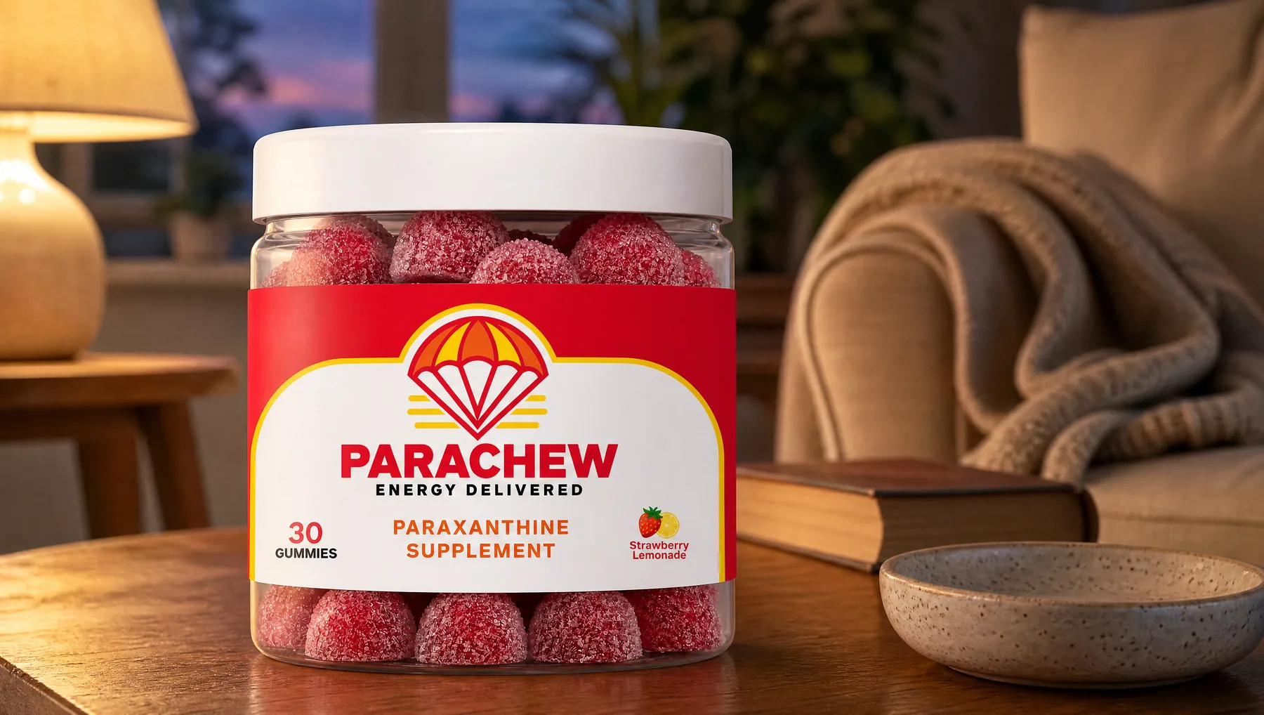 Parachew Strawberry Lemonade paraxanthine gummies jar in the foreground of a calm evening corner of a living room
