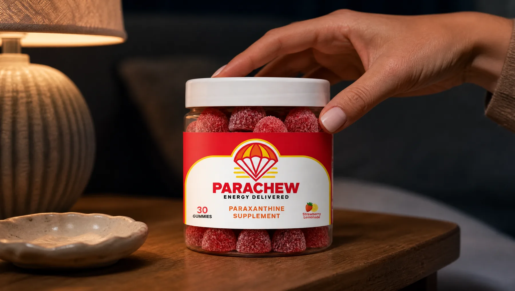 Close view of a Parachew Strawberry Lemonade paraxanthine gummies jar, a tight crop of the side table at dusk