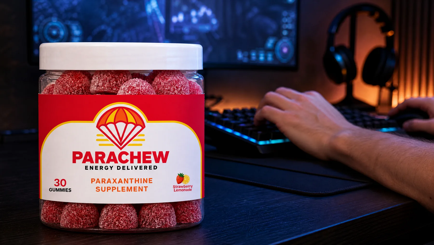 Parachew Strawberry Lemonade paraxanthine gummies jar in the foreground of a gaming desk in a darkened room