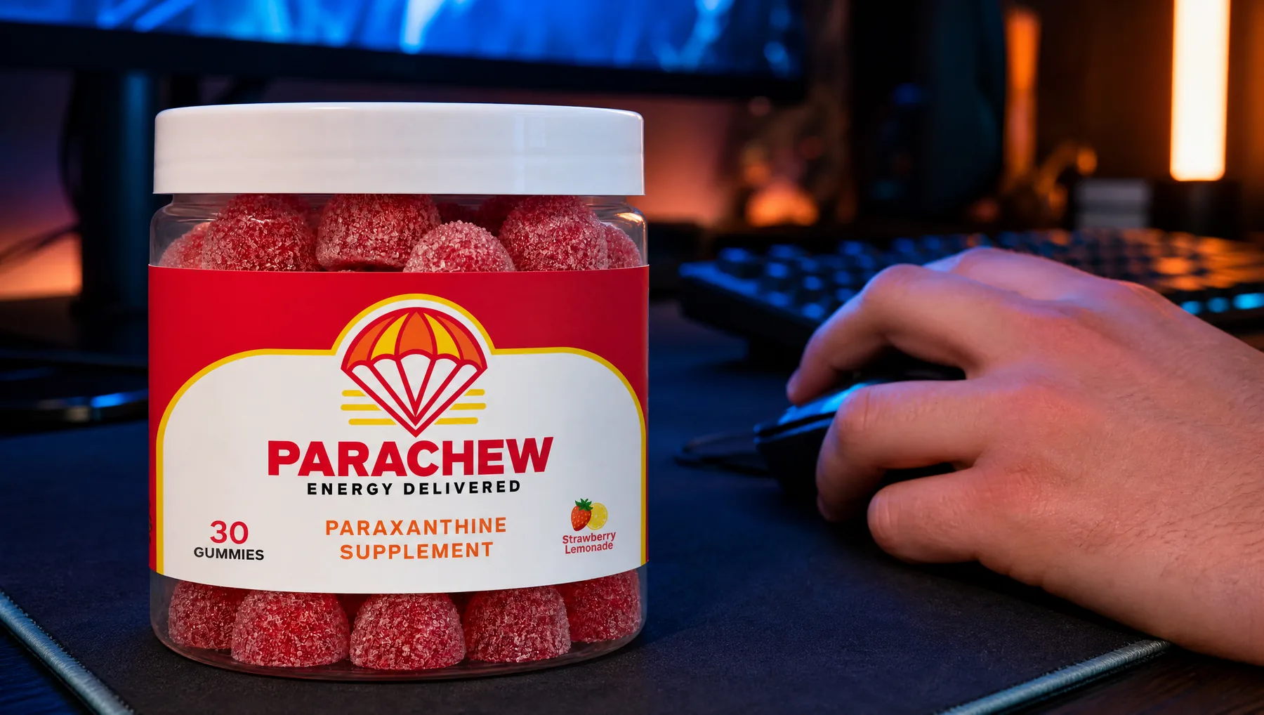 Close view of a Parachew Strawberry Lemonade paraxanthine gummies jar, a tight low crop of the gaming desk